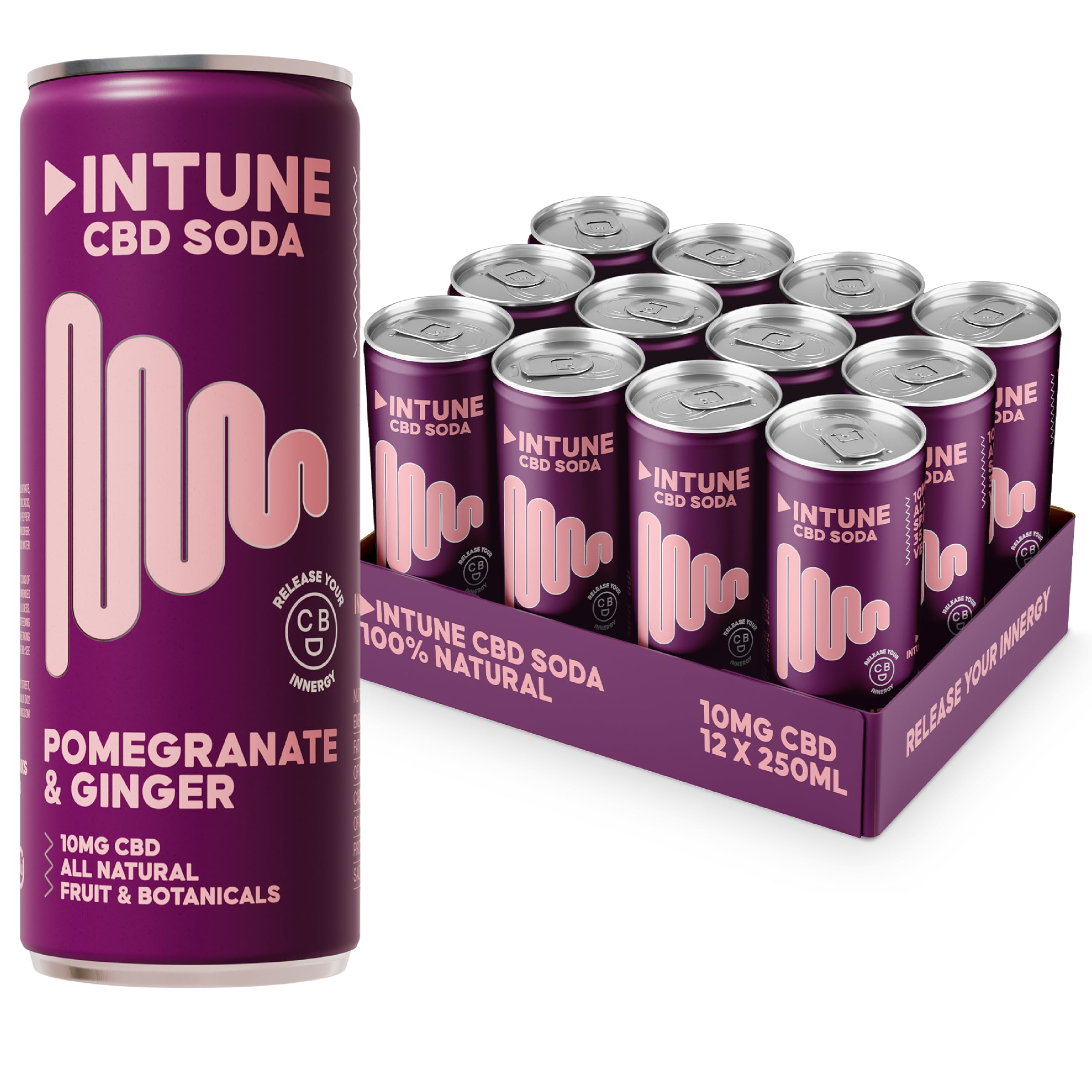 INTUNE Pomegranate & Ginger Sparkling CBD | Natural & Vegan | Low Calorie Soft Drink | 12 x 250ml Cans