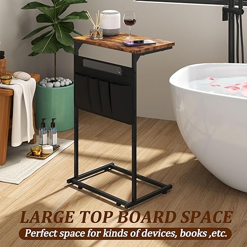 Miniatura 6 de ZERDER Mesa auxiliar en forma de C, mesa auxiliar pequeña con bolsa de almacenamiento para sofá, mesa de sofá con marco de metal para sala de estar