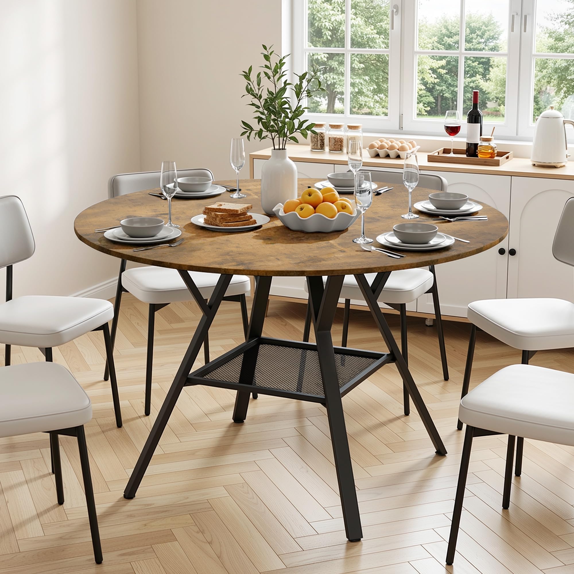 Runder Esstisch 120 cm, Esszimmertisch Holz für 4–6 Personen, mit Ablage und stabilem Metallgestell, platzsparender Küchentisch im Industrial Design für Esszimmer Küche Wohnzimmer, Retro