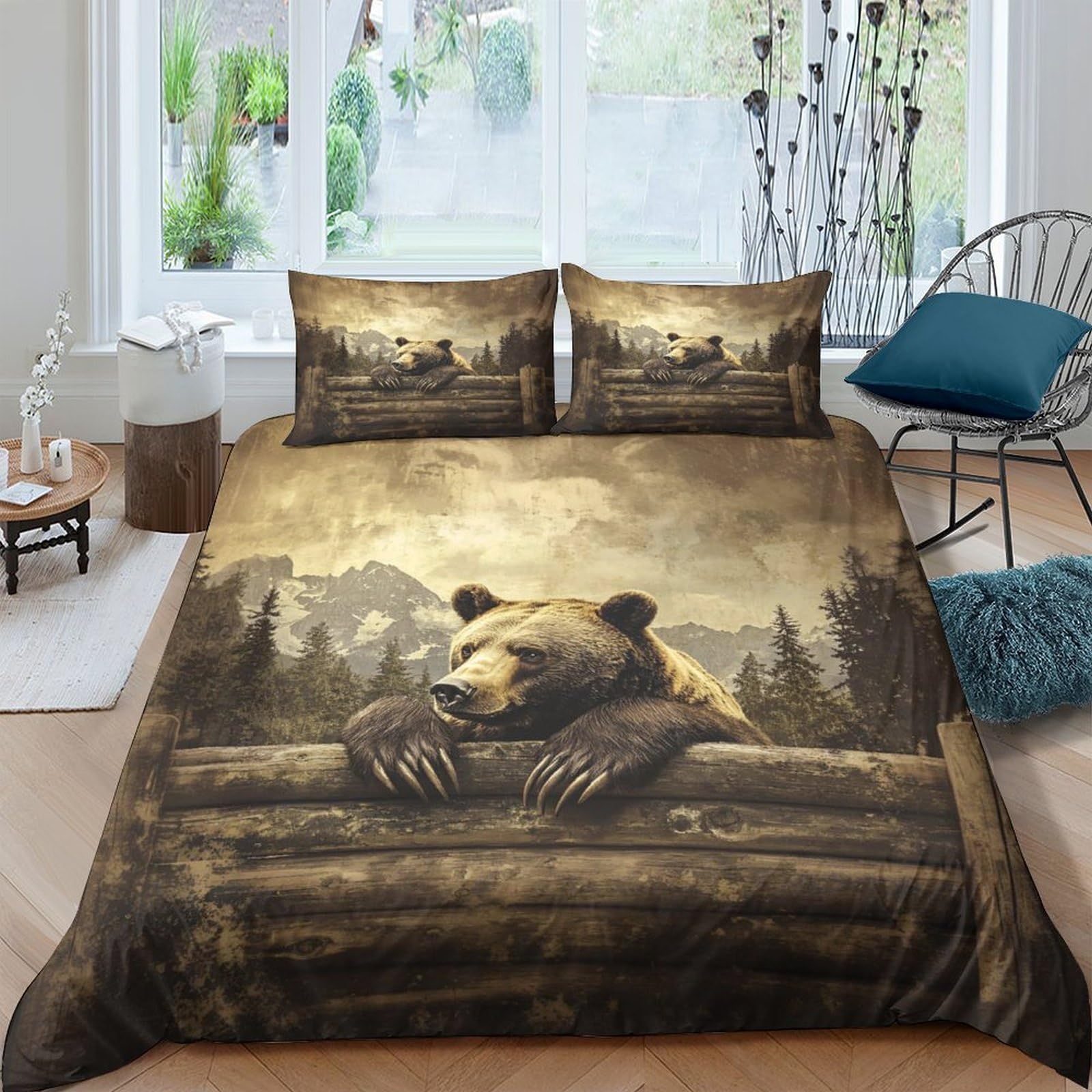 UNRXJZLVM Bear Print Duvet Set 3D Microfiber Rustic Cabin Teen Room Bedding