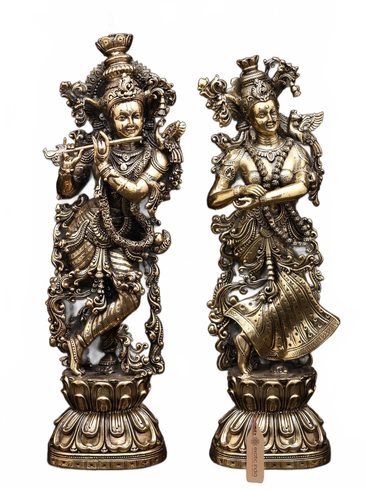 Exotic India Natural Brass Superfine Standing Radha Krishna Brass Statue | Pair Of Lord Krishna As Radha Idol For Puja Room, Home Décor