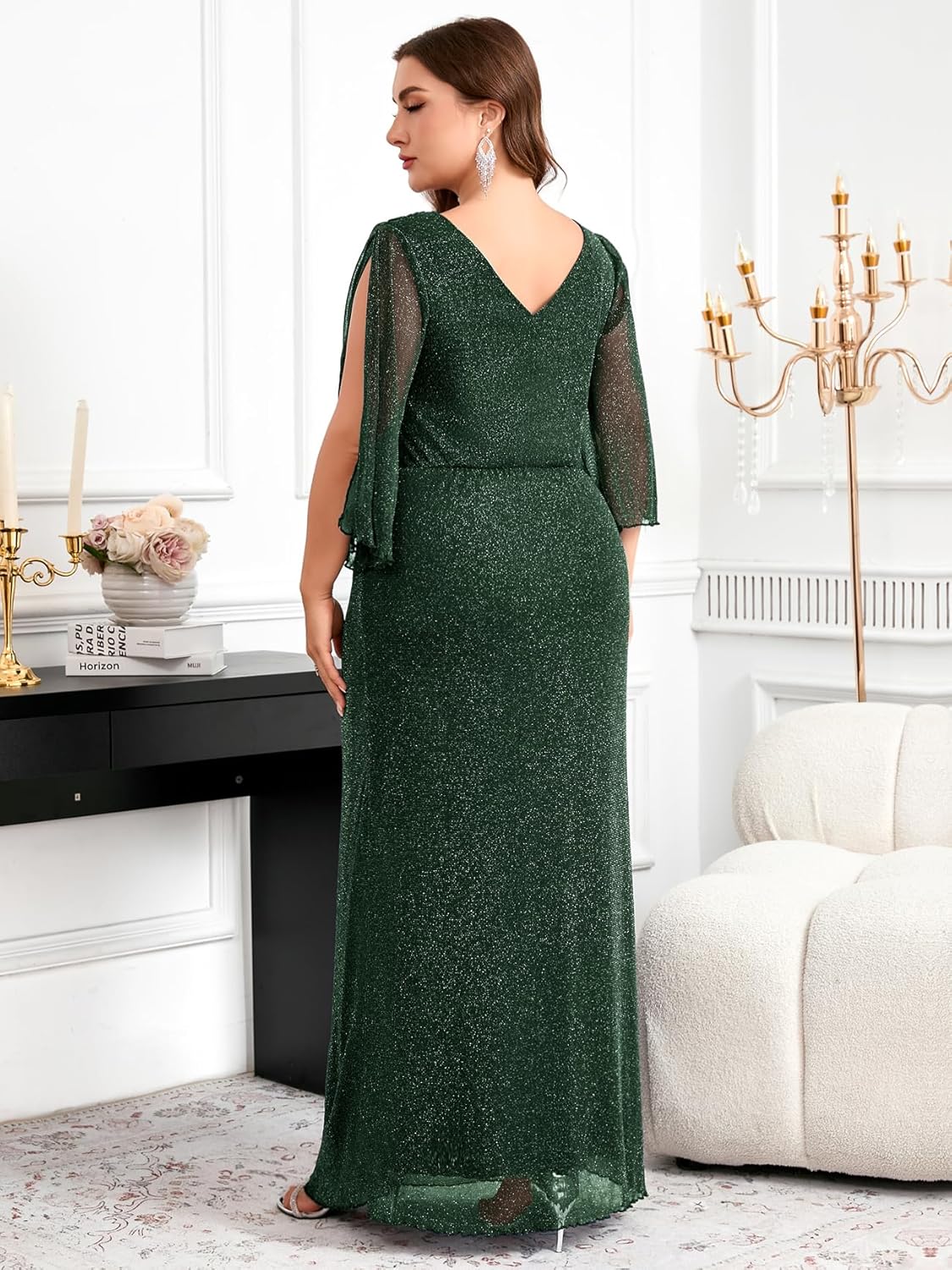 CYCLAMEN Plus Size Sparkly Evening Dress 3/4 Petal Sleeve V-Back Ruched Maxi Gown for Wedding Guest Mother of The Bride - Image 5