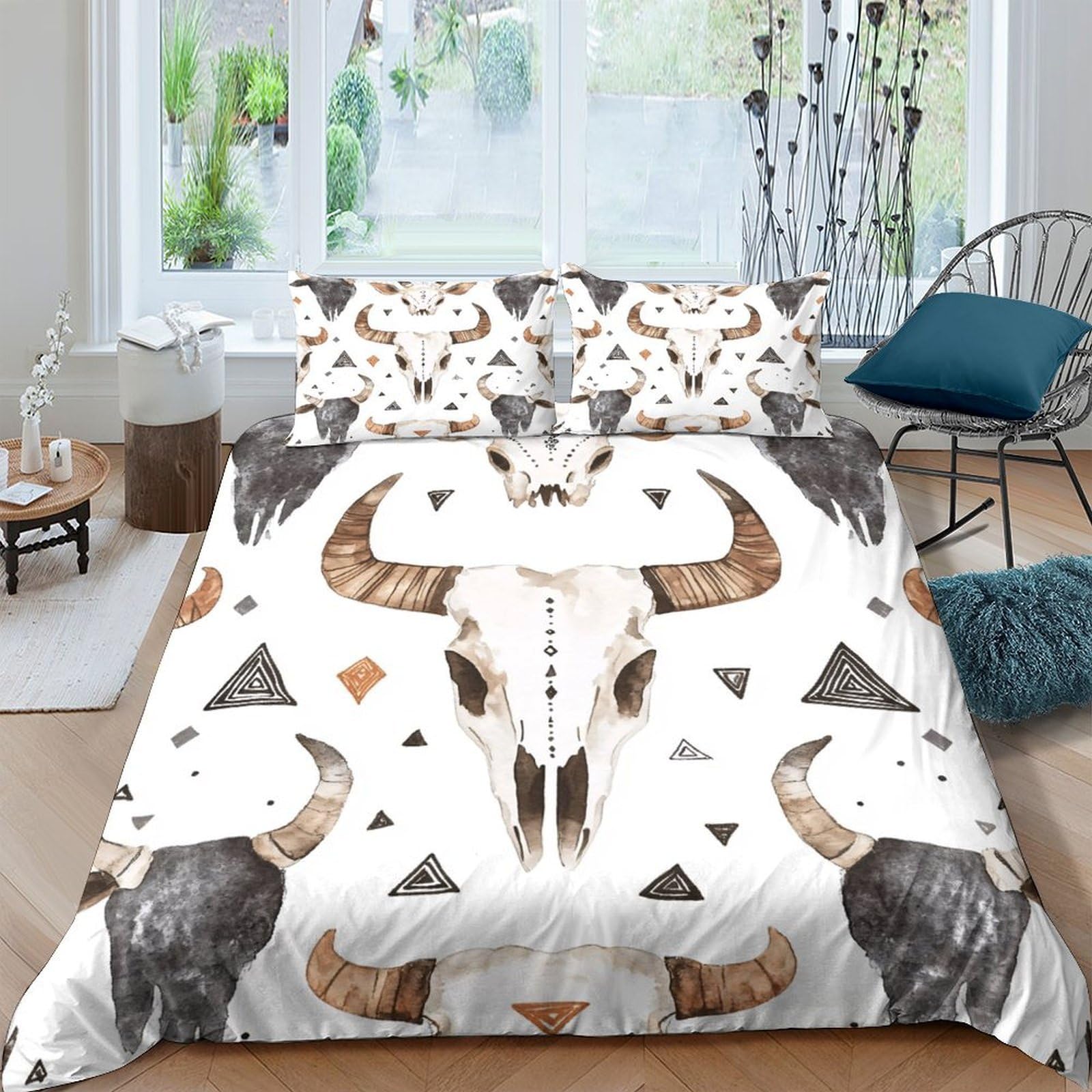 Ctjqhvkz Style-7 3D Printed Bull Skull Fitted Sheet Microfiber Soft White Brown Tribal Mattress Cover Bedroom Dorm Decor Single（135X200cm）