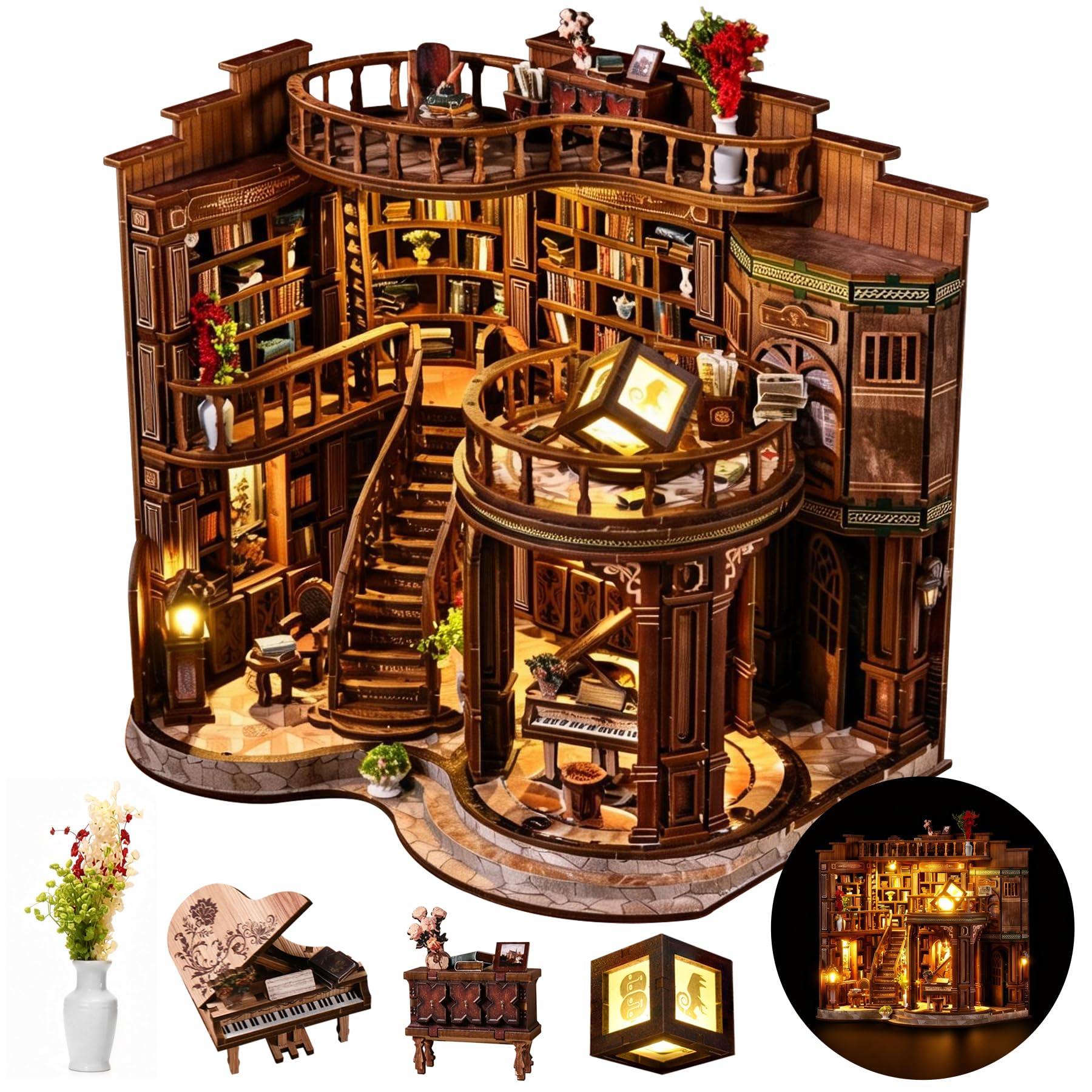 Book Nook Kit für Erwachsene - CRIOLPO DIY Miniatur Haus Holzpuzzle 3D Puppenhaus - Buchstütze für Bücherregal Deko mit Led Licht Kreatives Geschenk für Leser