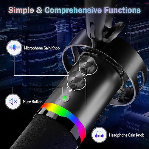 Miniatura 4 de JUOPIEA Kit de micrófono para juegos XLRUSB, micrófono dinámico para transmisión de podcasts, micrófono de PC con soporte de brazo Boom, luz RGB,