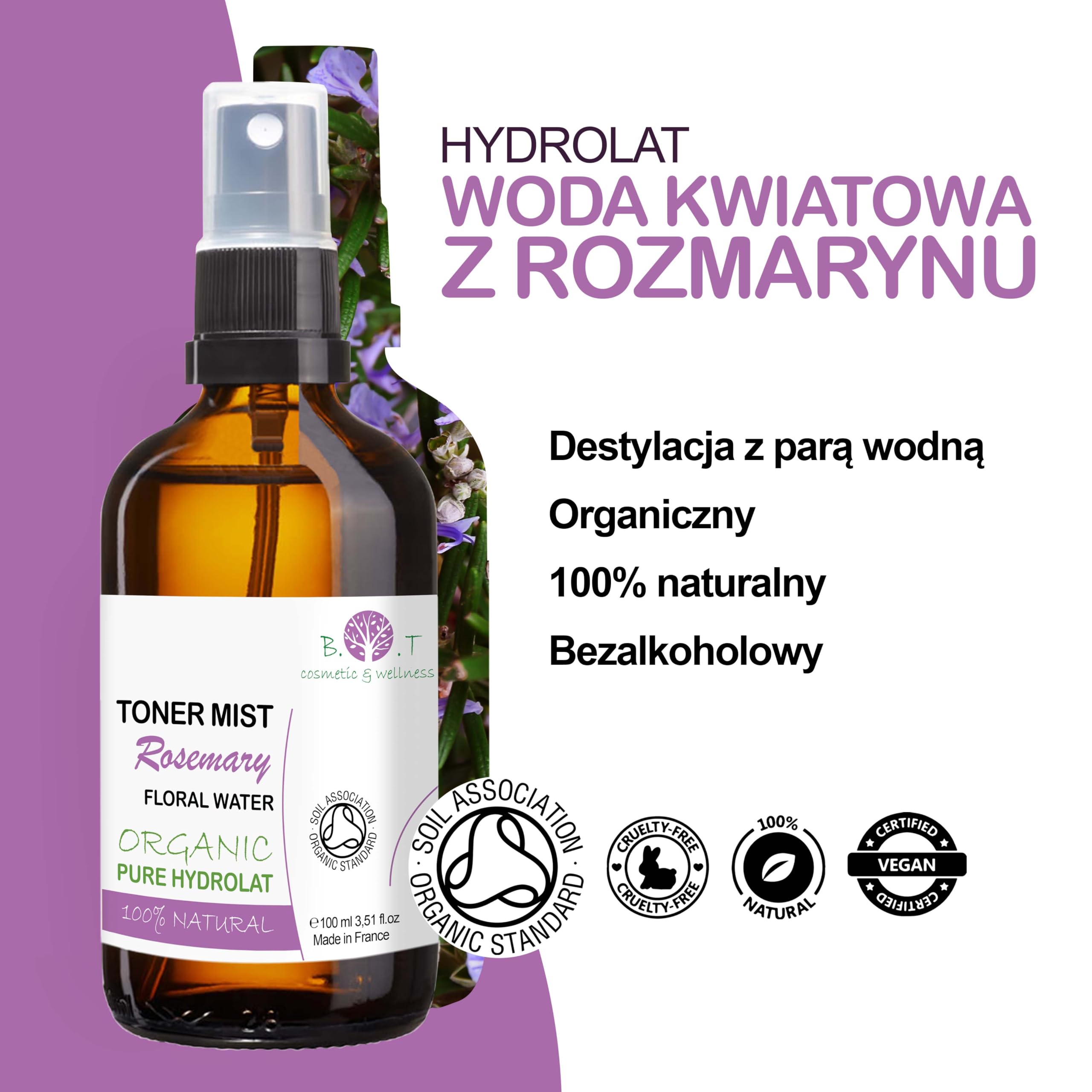 B.O.T Cosmetic & Wellness - Organiczny Hydrolat Rozmarynowy 100ml | Naturalny Tonik do Twarzy/Włosów | Spray do Ciała | DIY Kosmetyki, Rozmiar: 100 ml