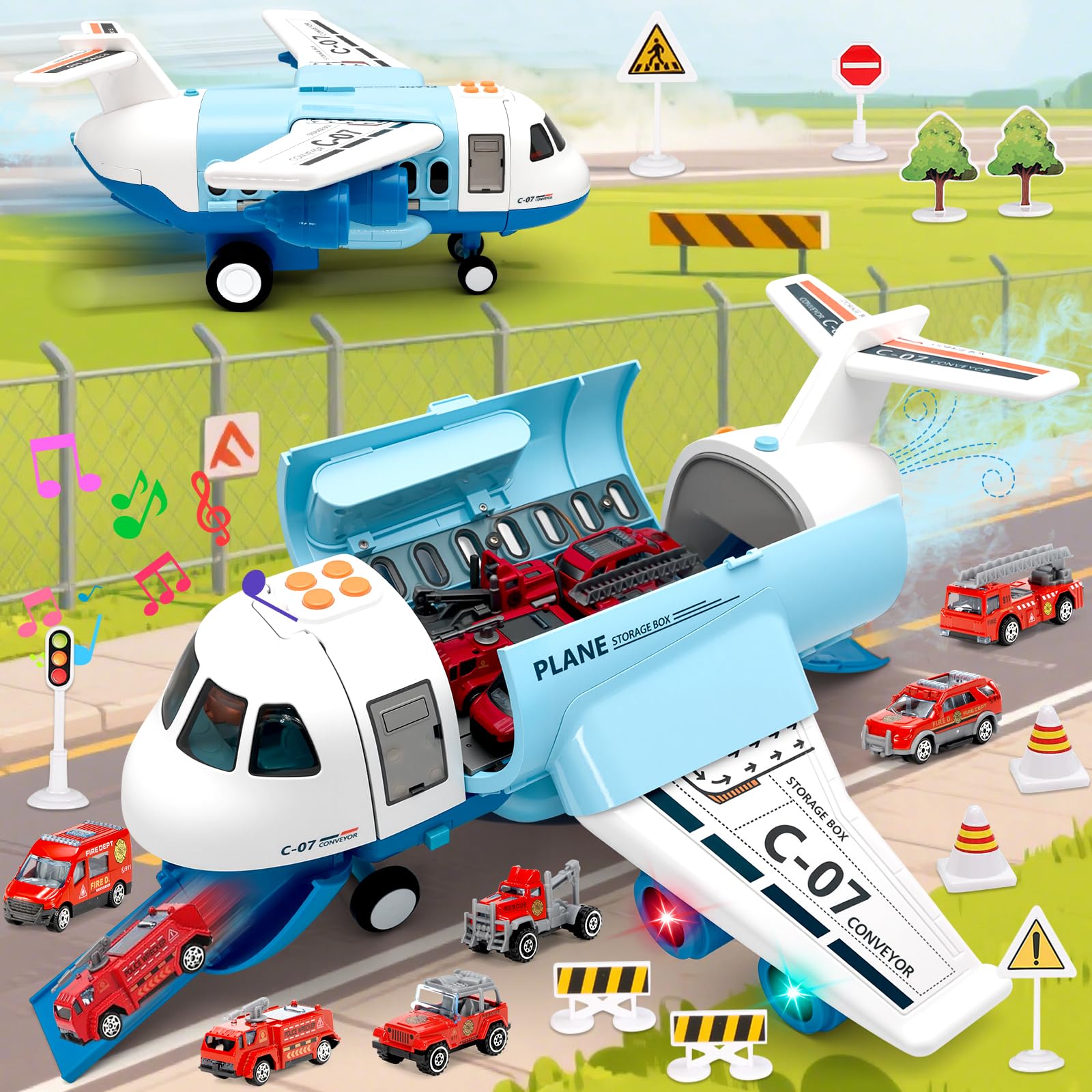 PQKL-party Jouet d'avion, avion de transport pour enfants, kit de jeu avec fumée, lumière et son