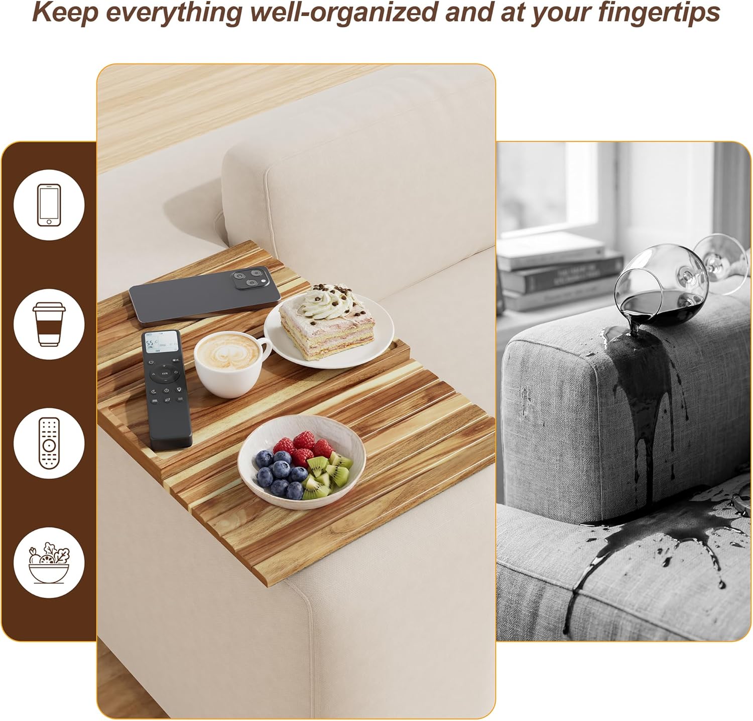 ZUJJAFY Sofa Arm Tray, Acacia Wood Folding Couch Armrest Table, Anti-Falling Armrest Tables Cup Holder for Snacks, Drinks, Beers, Phone, Control, Flexible and Portable, Anti-Slip Bottom