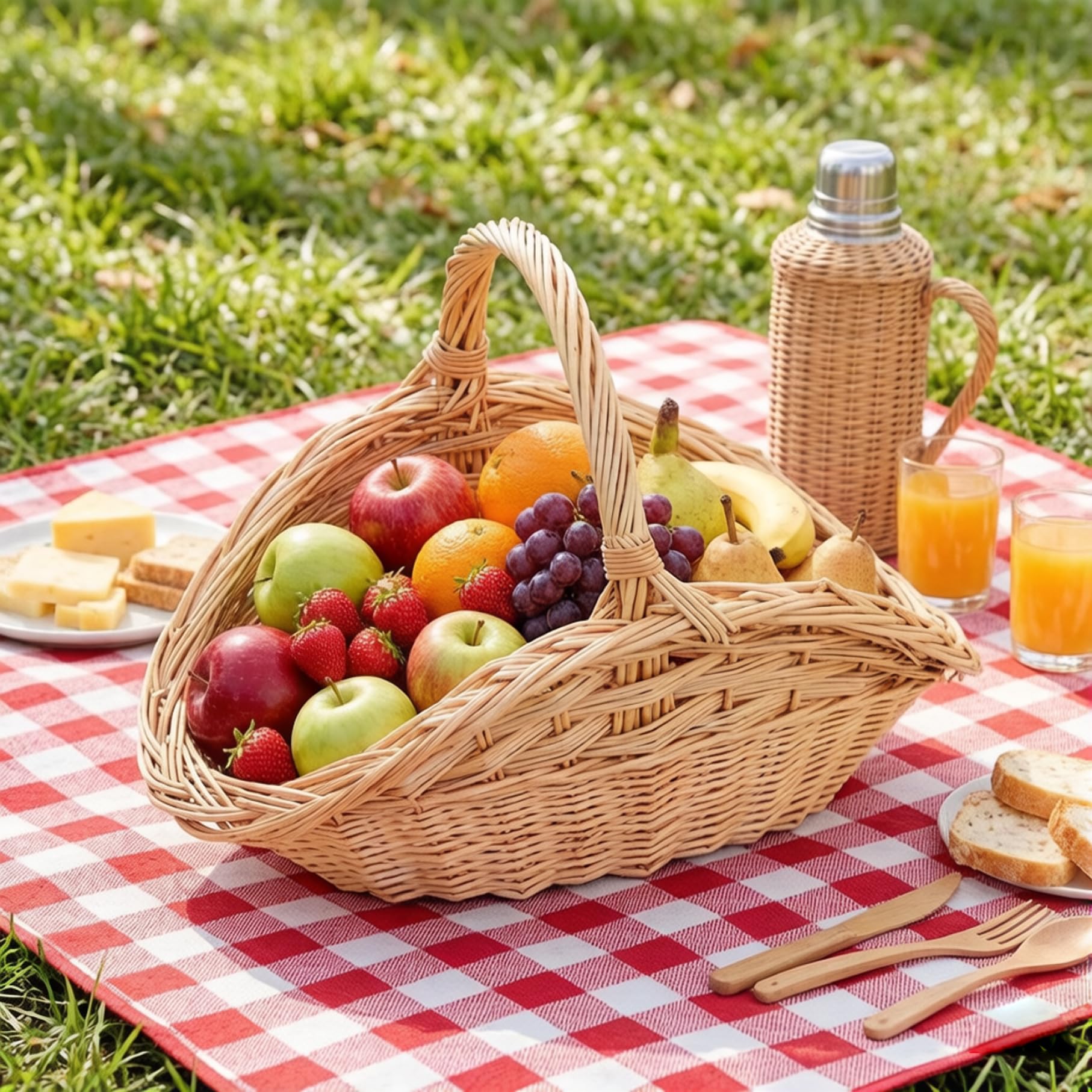 Cestino da giardino in rattan, cestino portaoggetti da picnic in vimini con manico, supporto portatile e robusto per frutta, verdura e attività all'aperto
