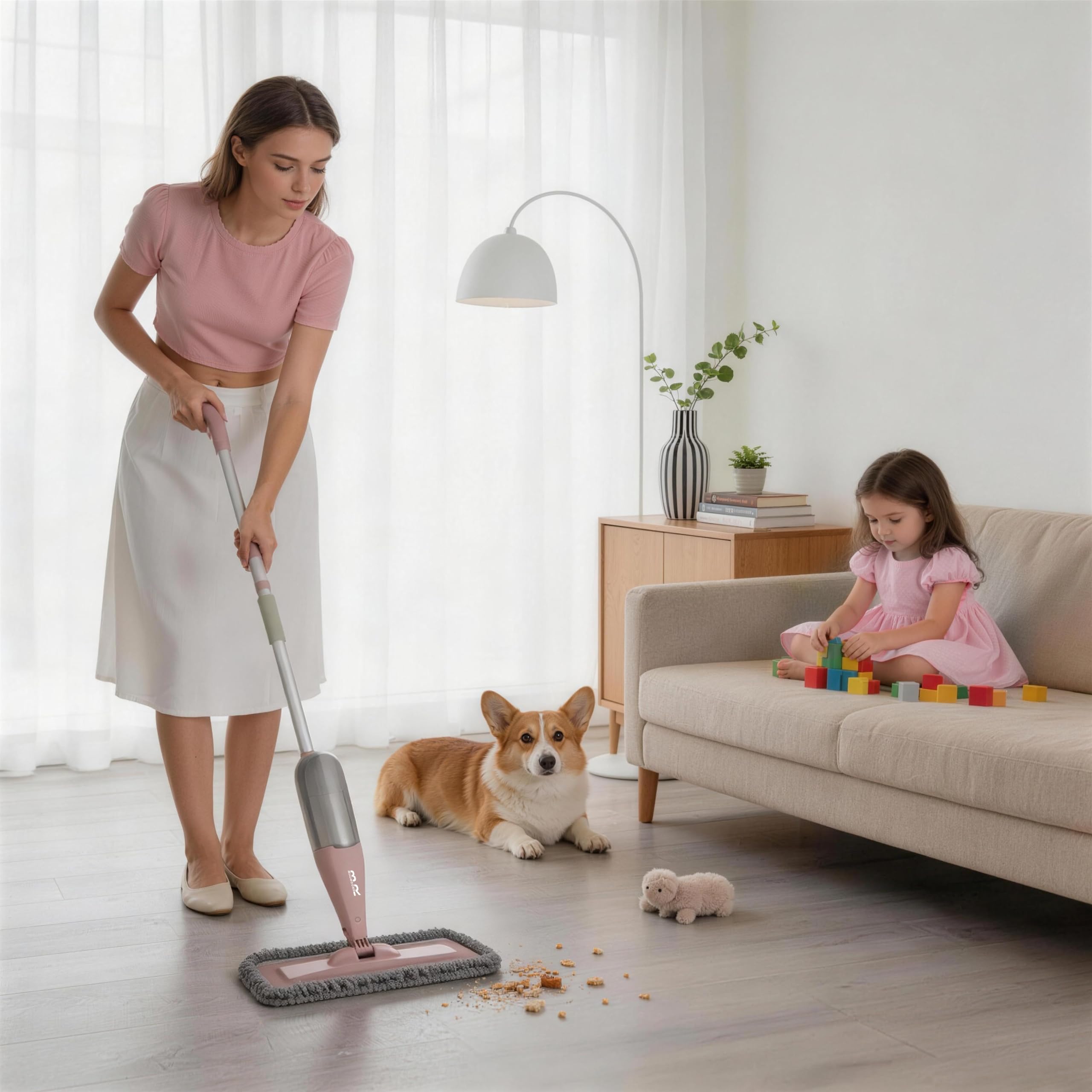 Mocio Lavapavimenti a Spruzzo Spray Floor Mop Mocio Lavapavimenti con Bottiglia Ricaricabile da 800ML e 4 Panni Lavabili per la Pulizia di legno, Laminato, Legno, Ceramica Pavimenti