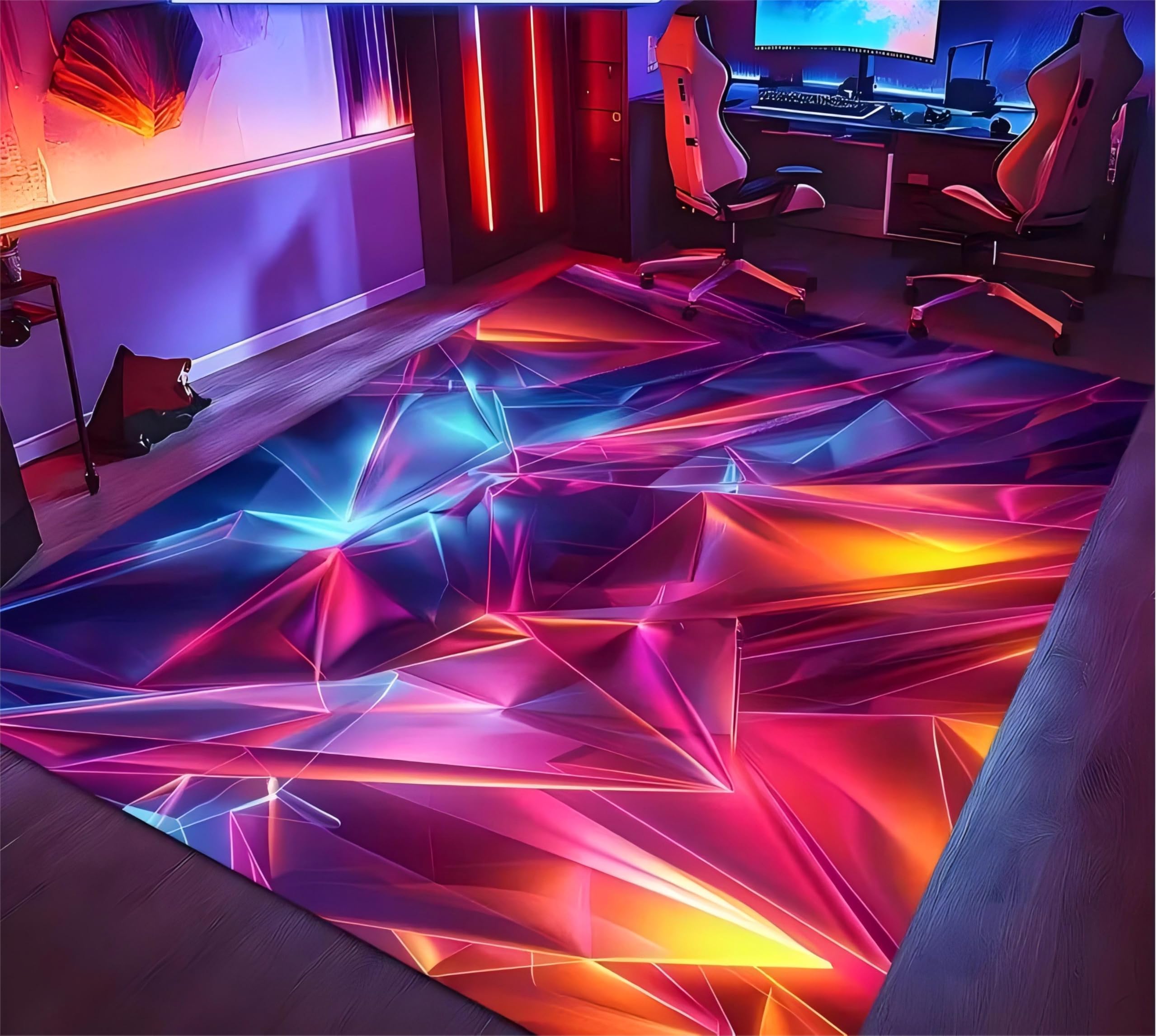 Optical Illusion Area Rug,100x150cm, Colorful Geometric Neon Red Blue Modern Rugs Floor Mat, Soft and Durable Indoor Non-Slip Washable Game Mat for Boys Girls Teenagers Game Room Decorative Floor Mat