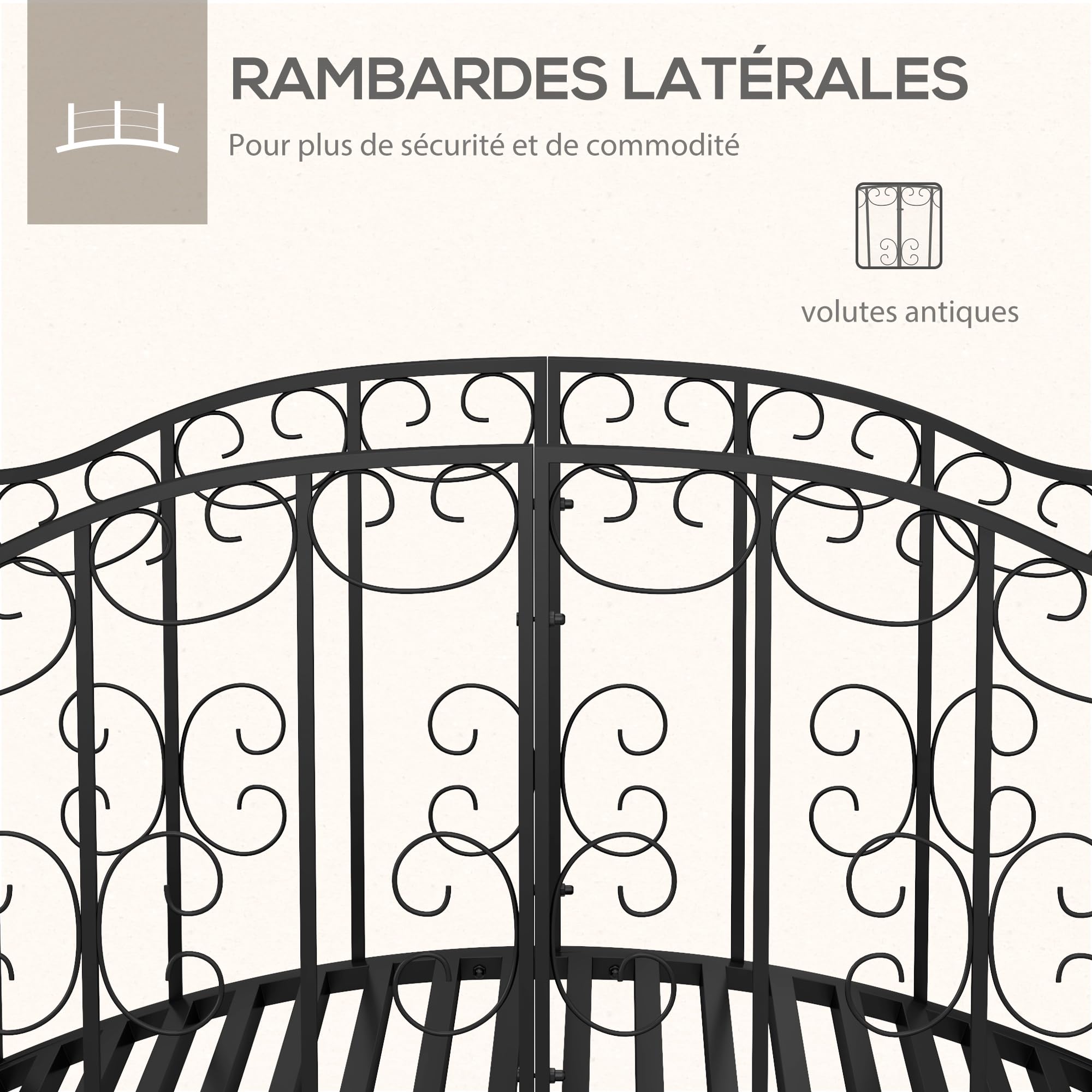 Outsunny Pont de Jardin Pont en Acier avec Garde-Corps latéraux, Charge Maximale 120 KG, décoration de Jardin pour Jardin, Étang, Ruisseau, 119 x 67 x 70 cm, Noir