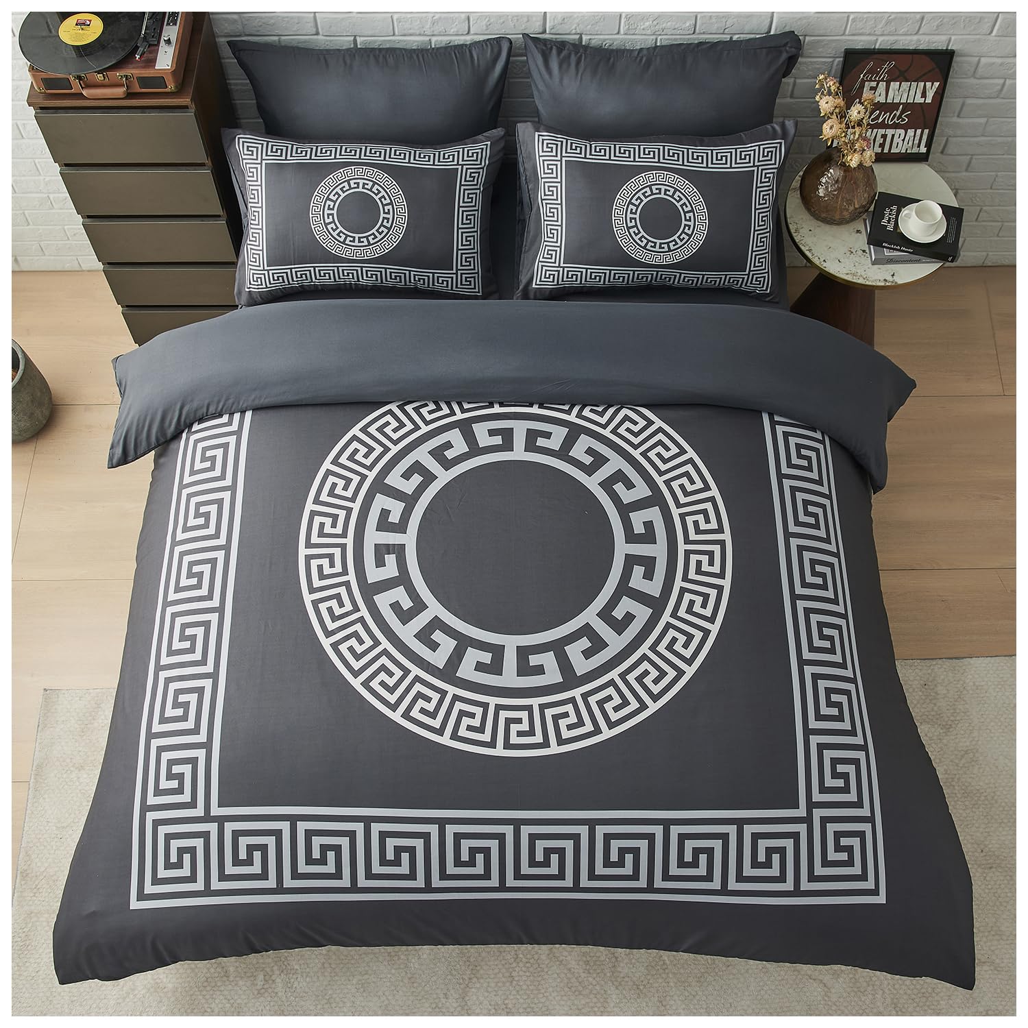 Gc Gaveno Cavailia Charcoal Greek Double Duvet Set - Easy Care Microfiber Quilt Cover With Pillowcases - Lightweight & Durable Duvet Comforter - Geometric Style Bedding Set,