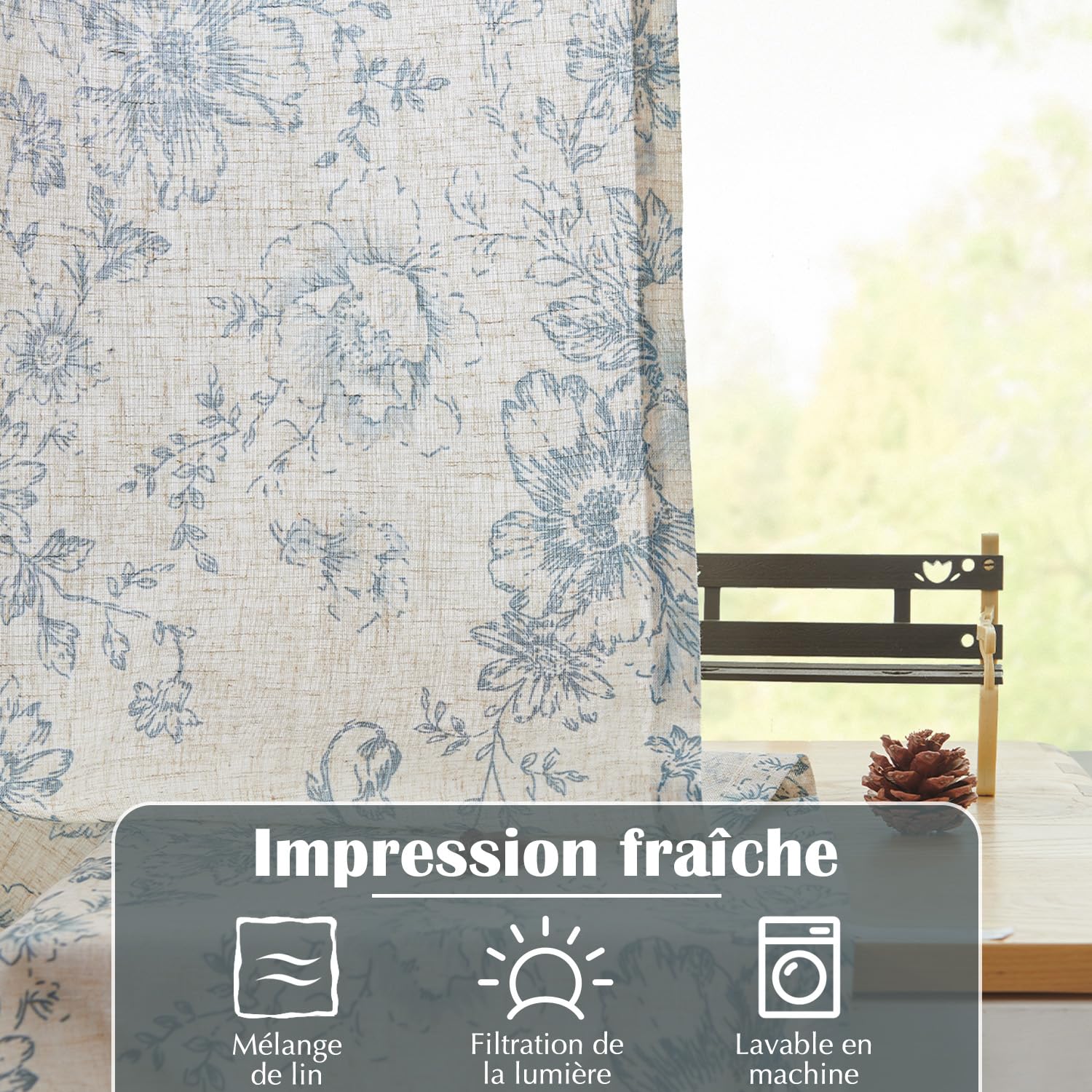 TOPICK Tende floreali in lino con passanti nascosti, traslucide, per soggiorno, camera da letto, set da 2 pezzi, 140 x 210 cm (larghezza x altezza), blu su beige