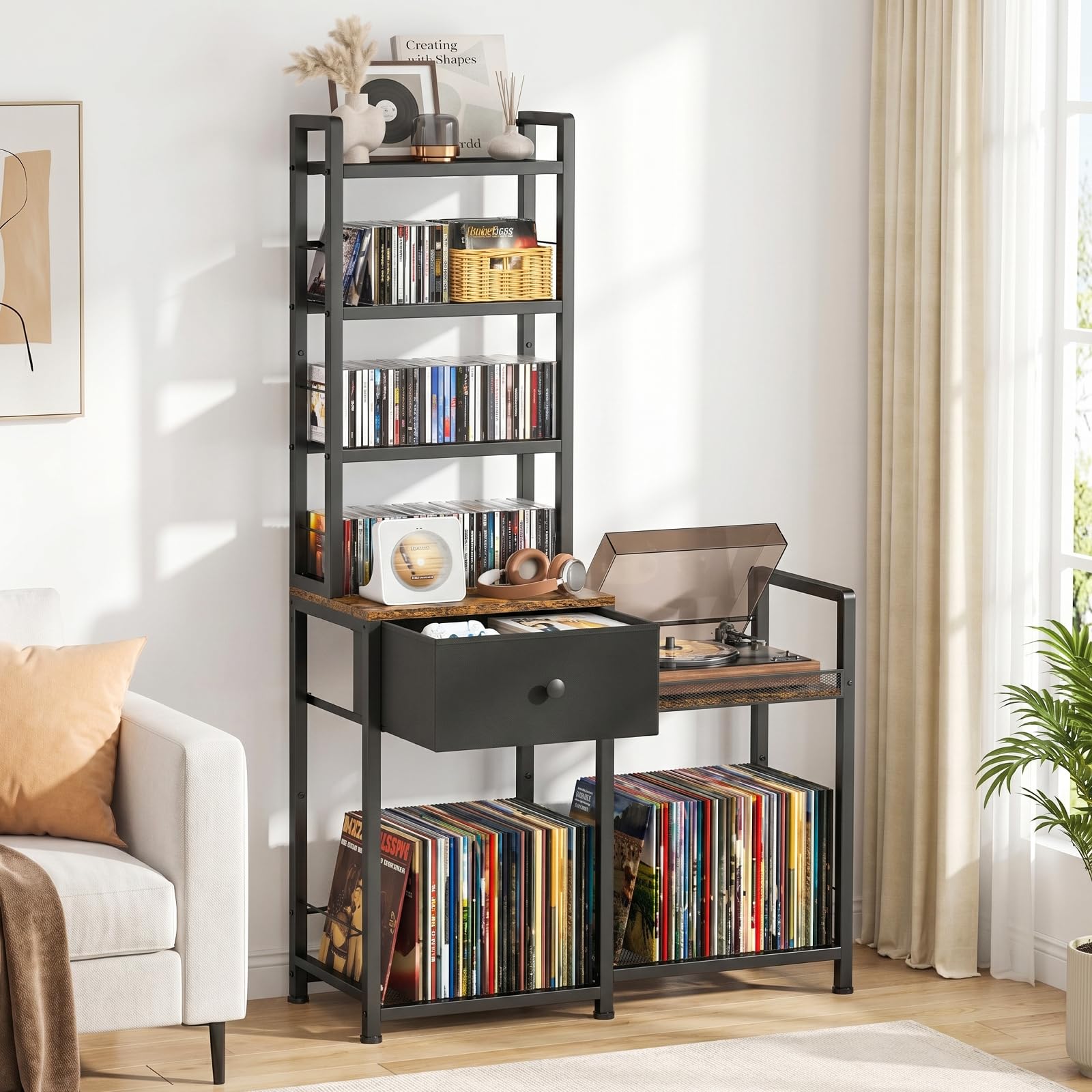 ikkle CD-Regal mit Schallplatten Regal – 7 Stufen DVD Regal mit Schublade & Plattenspielerständer, für 150 DVDs oder 300 CDs, 75 Schallplatten, Bücher, CD-Ständer für Wohnzimmer, Schlafzimmer & Büro