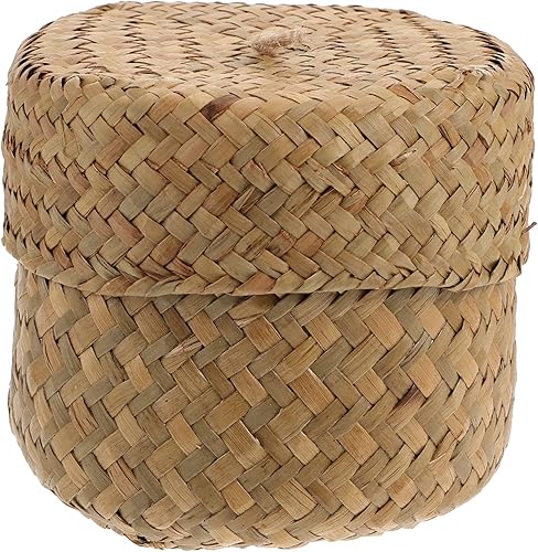 Zerodeko Cesta de pastos marinos con tapa, cesta de flores tejida a mano con tapa, cesta de mimbre para estantes, caja de almacenamiento pequeña,
