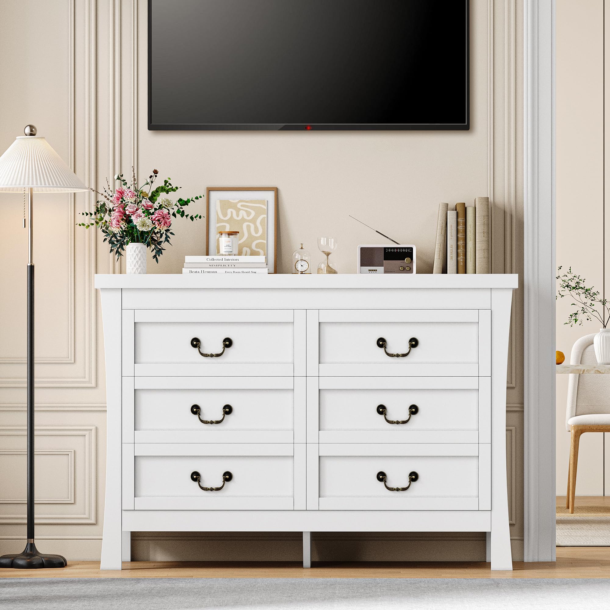 FEONASE Cassettiera Per Camera Da Letto, 6 Cassetti Per Ampio Spazio Di Archiviazione, Moderna, in Legno, MDF, Mobile Per Camera Da Letto, 120x40x80cm, Bianca