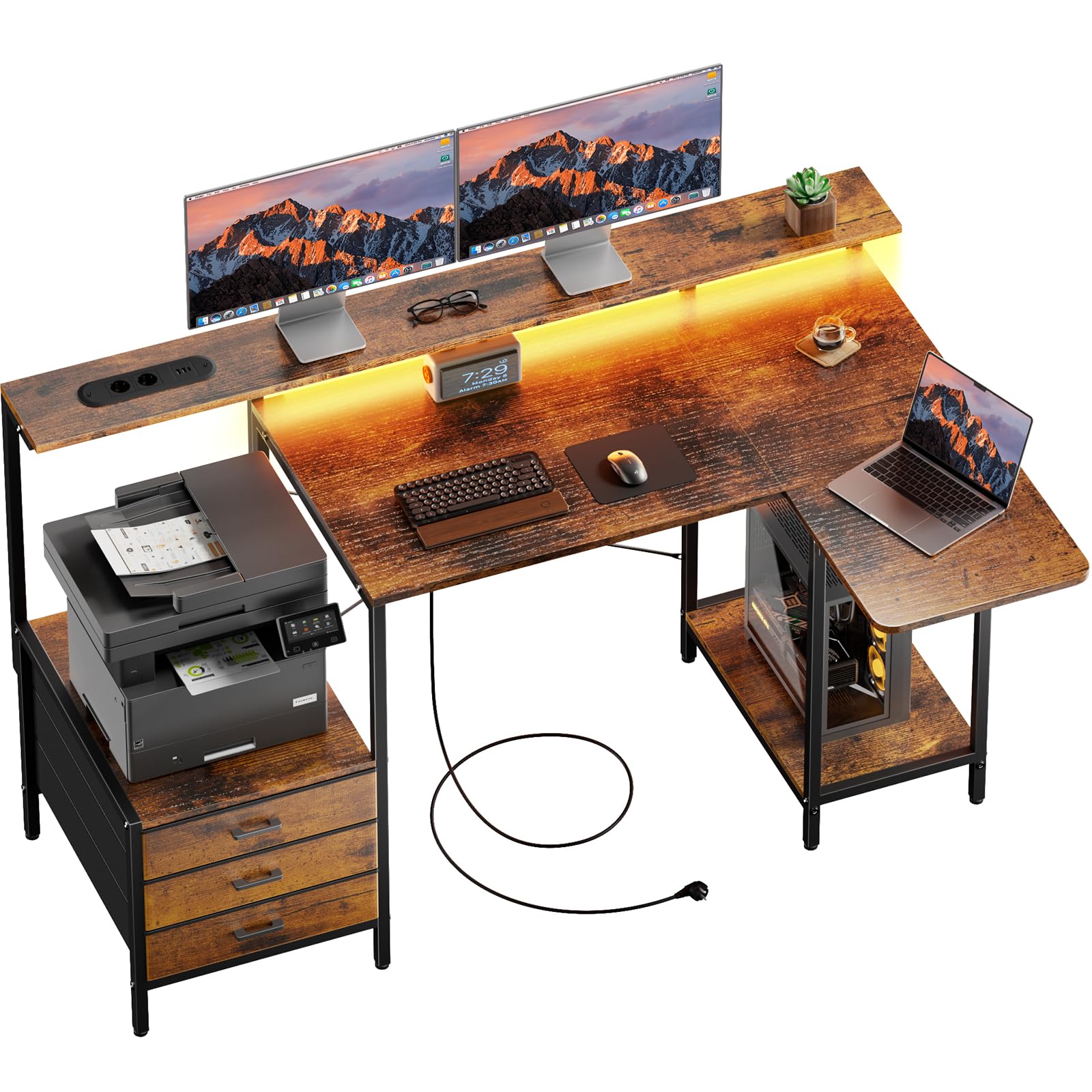 HLONONE Biurko komputerowe z szufladami i diodami LED, 140 x 85 cm, biurko narożne z gniazdkiem, stół komputerowy z miejscem do przechowywania i półką na monitor, do domowego biura, brązowy
