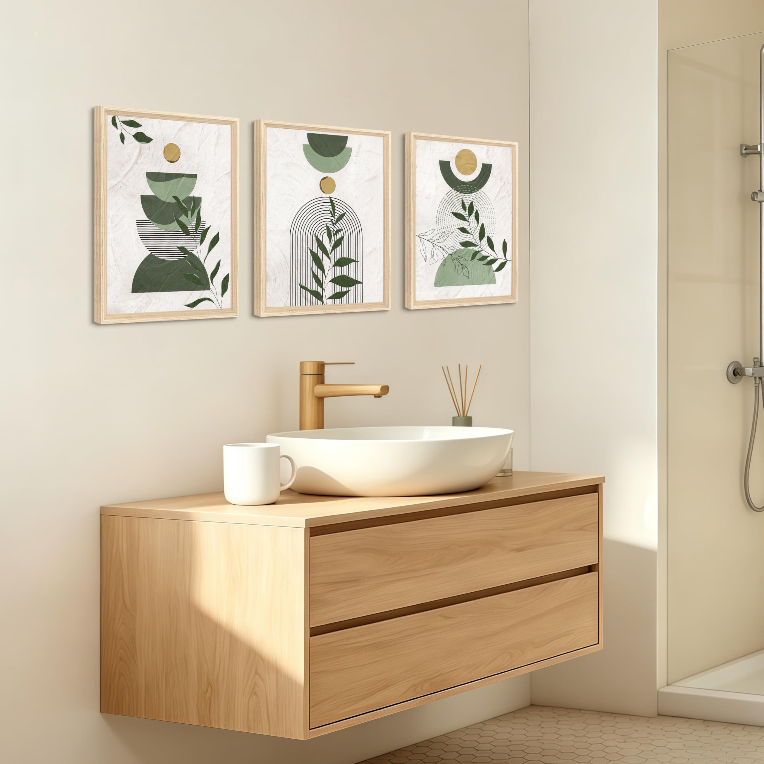 3 Pcs Wooden Framed Canvas Wall Art Set Bohemian Sage Green Canvas Prints Poster Geometric Line Beige Green Pictures for Living Room Bedroom Dinning Room Hallway Stairs Wall Decor 30x40cm x3pcs — view 118