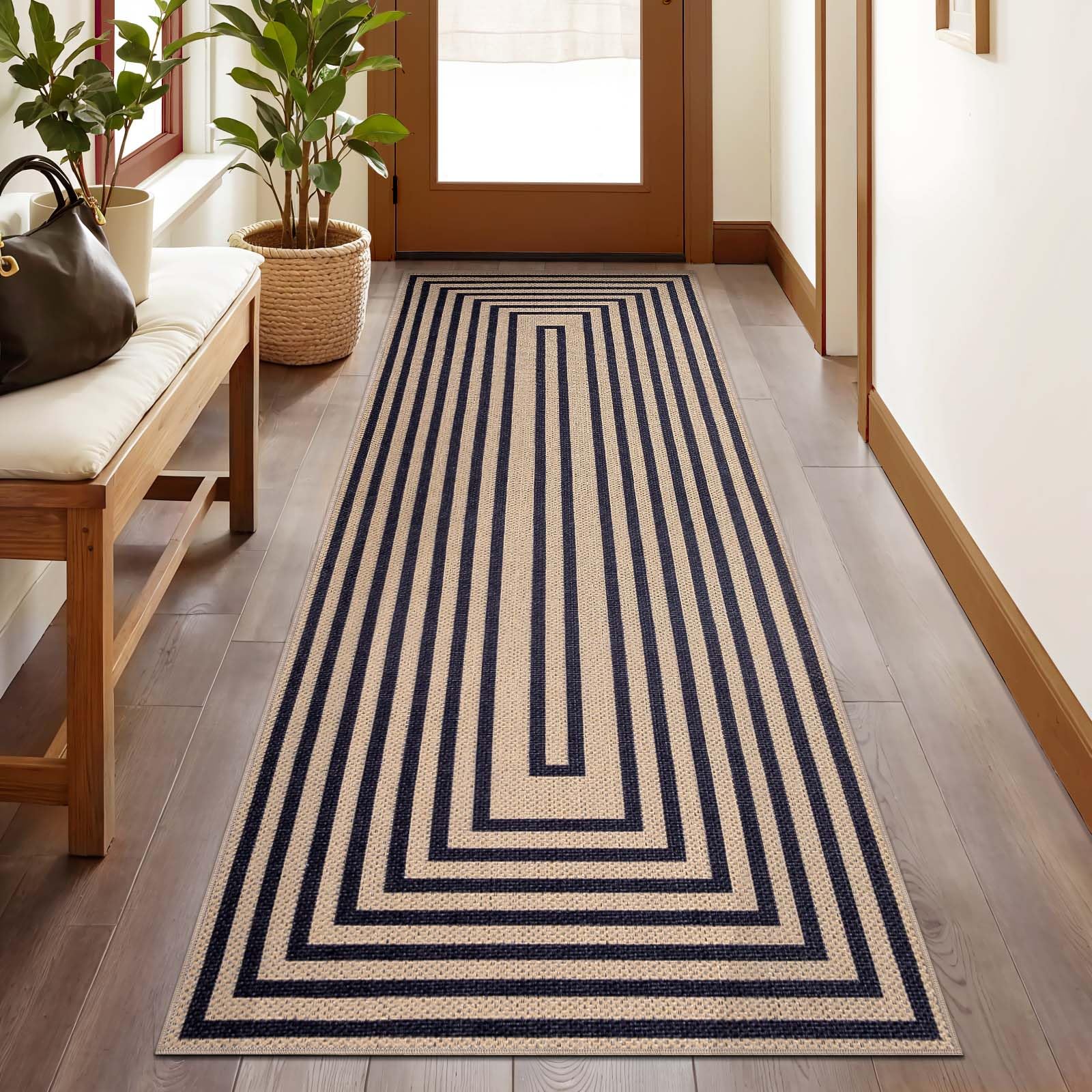 Tangsoo Easy Jute Rug 2x6 Washable Runner Rug for Hallways,Non-Slip Black Geometric Thin Outdoor Rug,Modern Farmhouse Carpet for Porch Laundry Bedroom