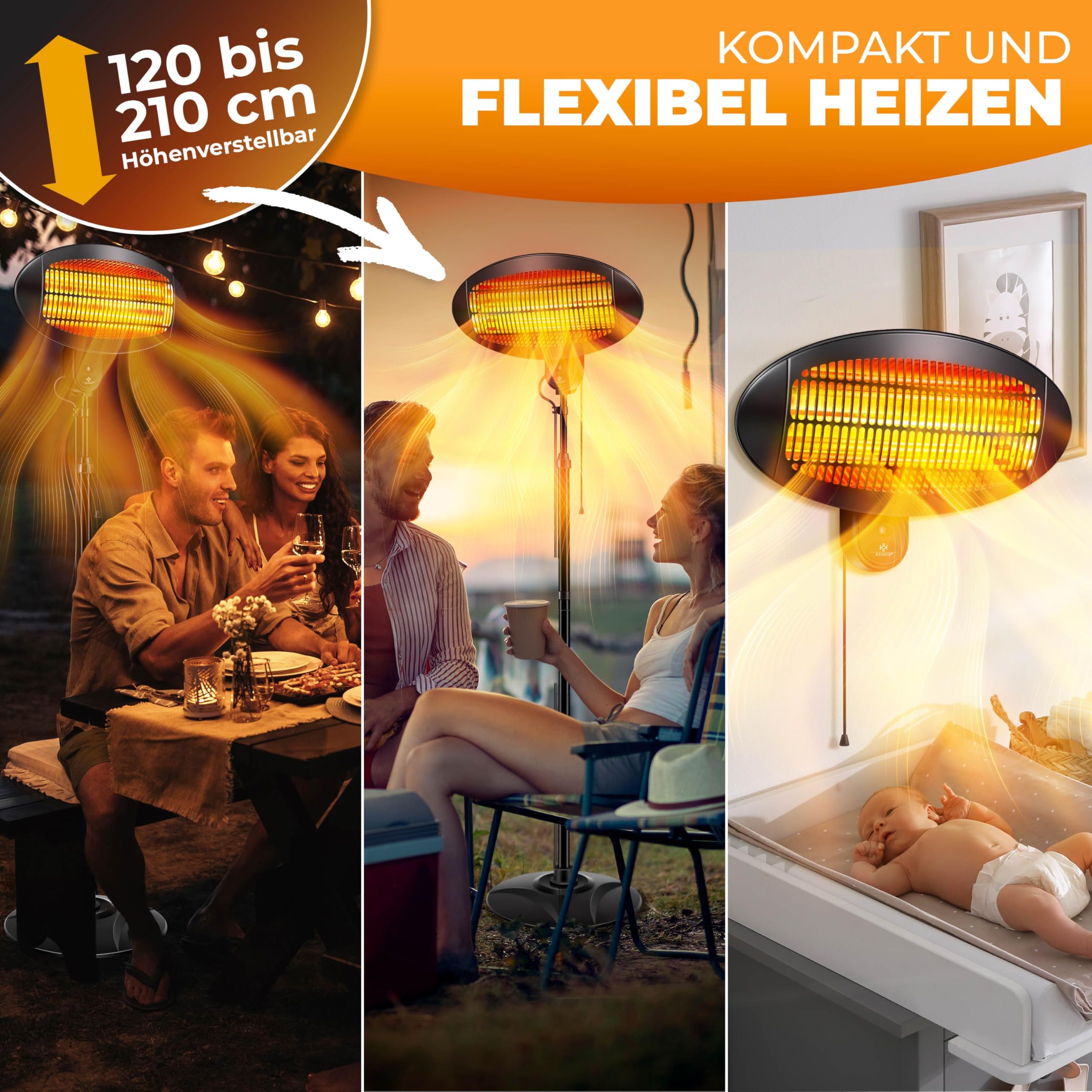 KESSER® Infrarot Wickeltischstrahler Wärmelampe für Baby, 2000W Heizlüfter Standgerät | Wandmontage Heizstrahler, mit Kippsicherung, 3 Stufen Rotlicht Heizung, Indoor Outdoor, Stand | Wand, schwarz