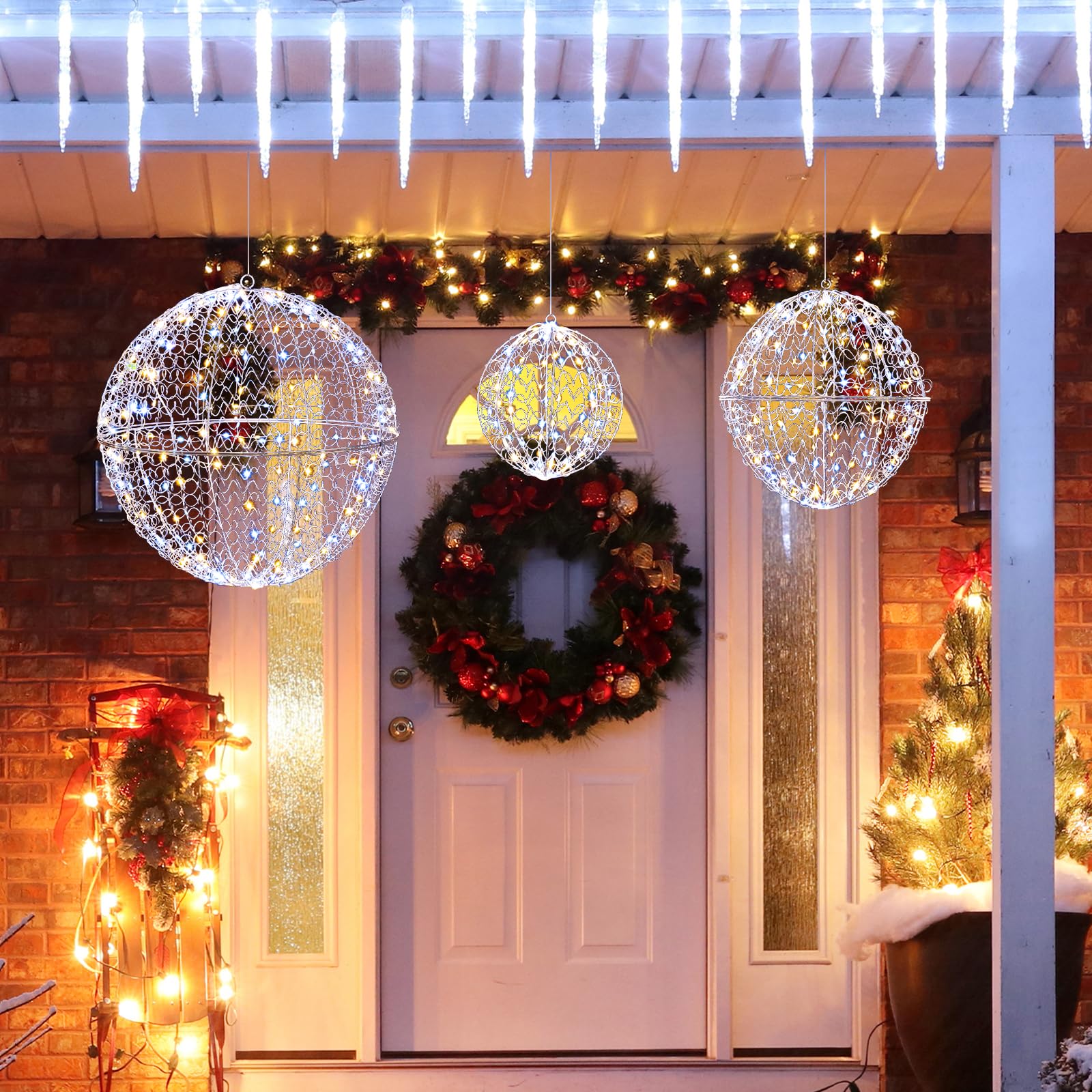 COSTWAY 3er Set LED Dekokugel, 435 LEDs, 3 Lichtfarben & 8 Modi, Weihnachtsbeleuchtung für innen und außen