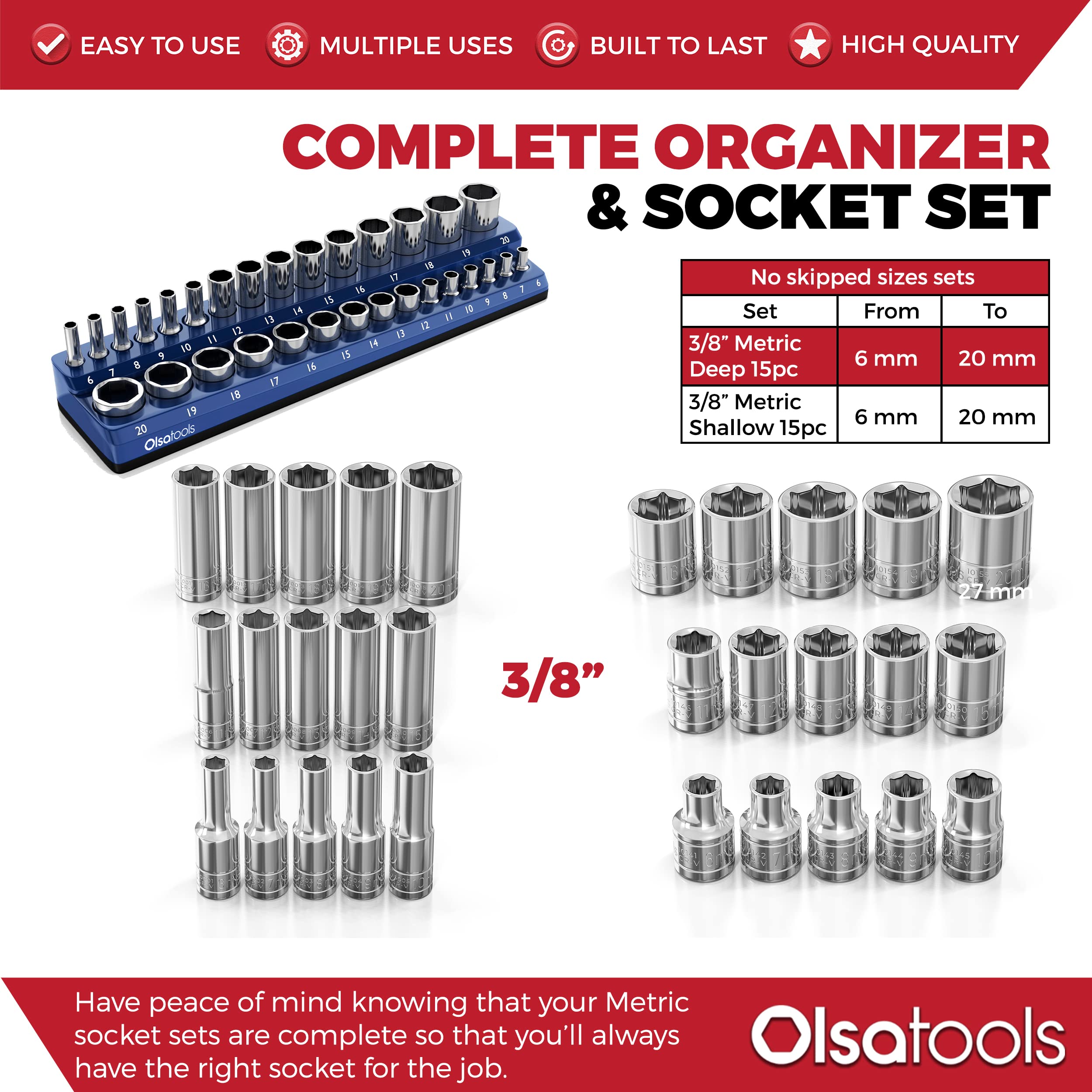 Olsa Tools Metric Socket Set (31pc) & Black Magnetic Socket Organizer | 6-Point Shallow & Deep Socket Set | 3/8-inch Drive
