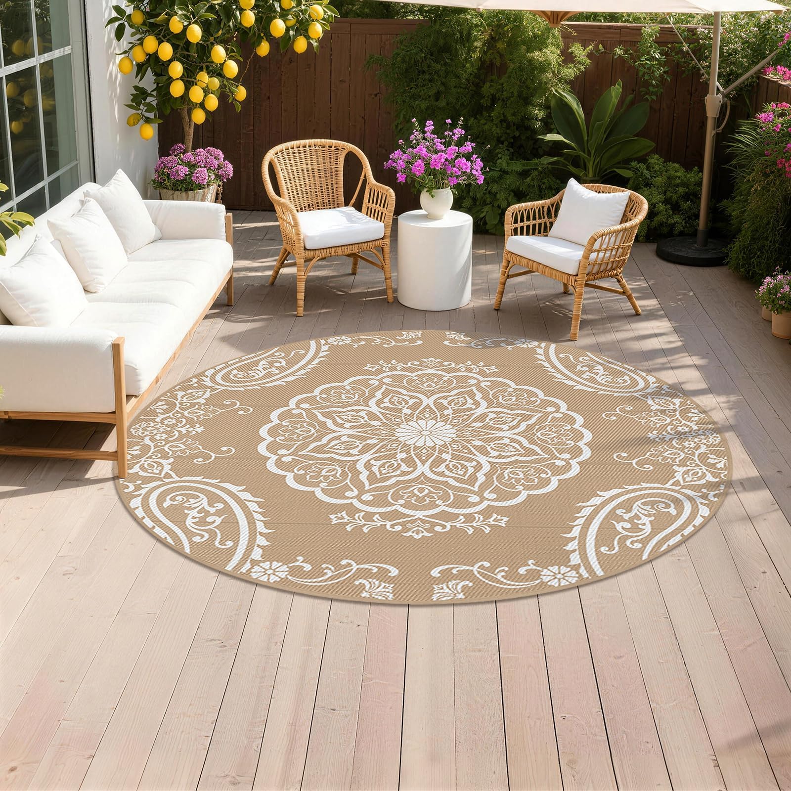 Pauwer Outdoor Rug 8ft, Waterproof Plastic Straw Camping Rug, Boho Brown