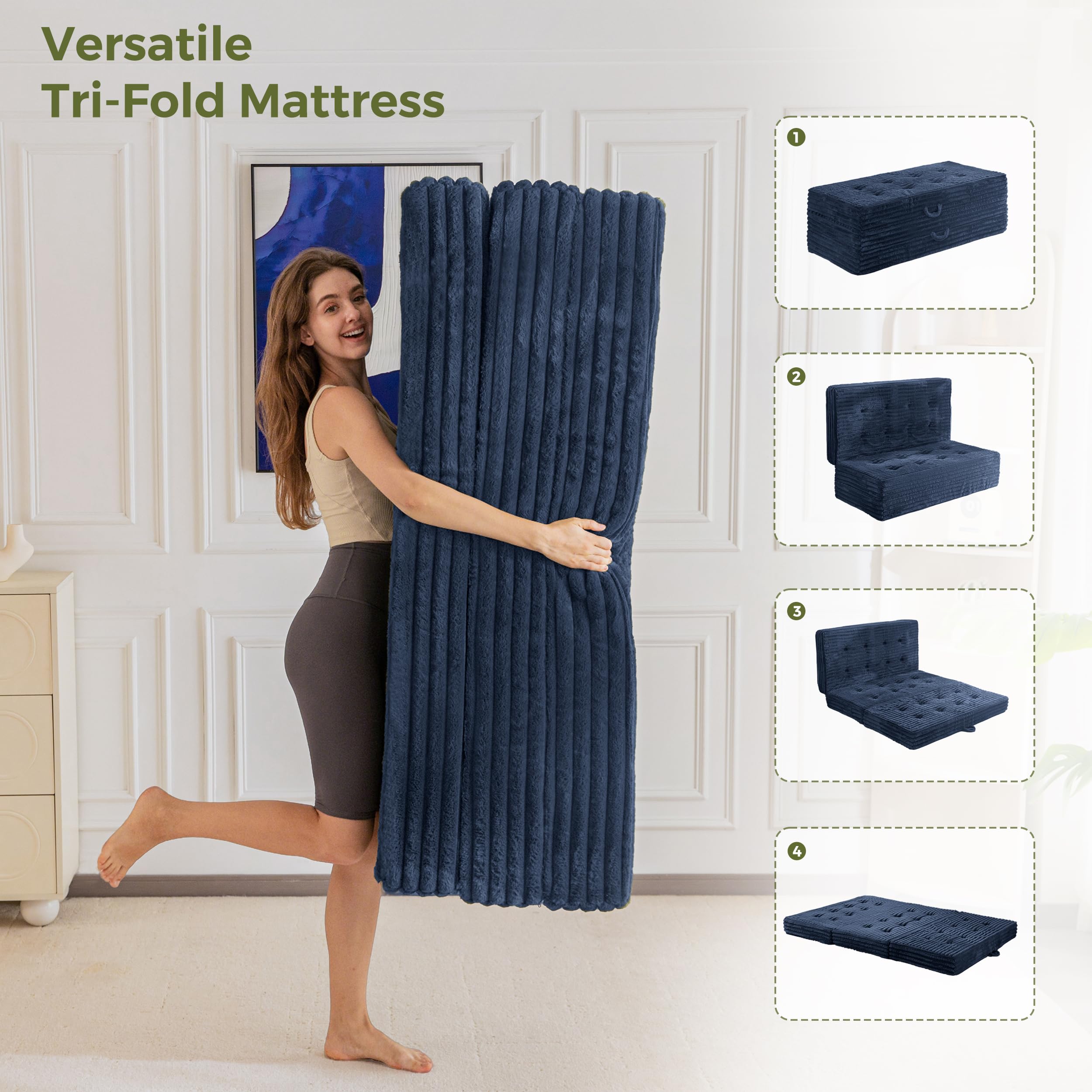 MAXYOYO Matelas składany 190*135*15cm, Matelas składany wypełniony 15 cm z powłoką z wysokiej jakości sztucznego futra, składany futon do salonu/pokoju gościnnego w trzech częściach