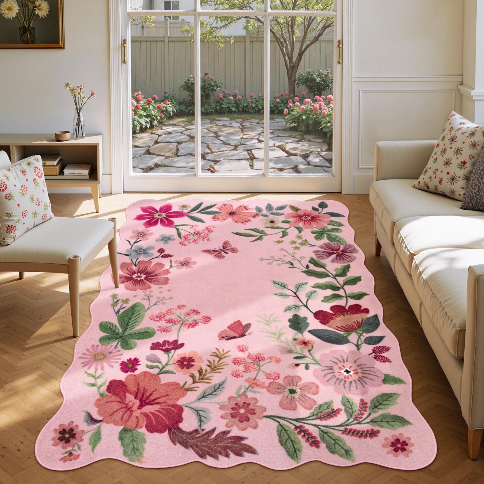 Lahome Floral Washable Rugs, 4X6 Pink Rugs for Bedroom Girls Ultra-Thin Soft Living Room Rug, Non-Slip Stain Resistant Boho Low-Pile Throw Carpet for