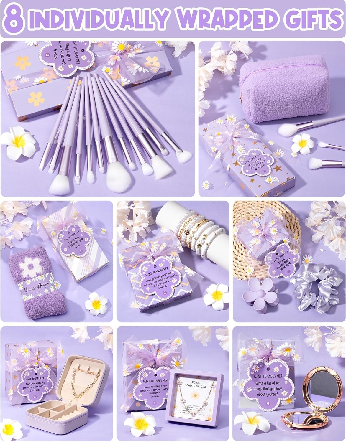 Easter Basket Gifts for Tween & Teen Girls, 8 PCS Birthday Gift Teenage Girl Gifts Trendy Stuff w/Fun Task Tag Makeup Brushes & Bag, Empower Positive Wrapped Gift Prefilled Stuffers for Daughter Niece - Image 4