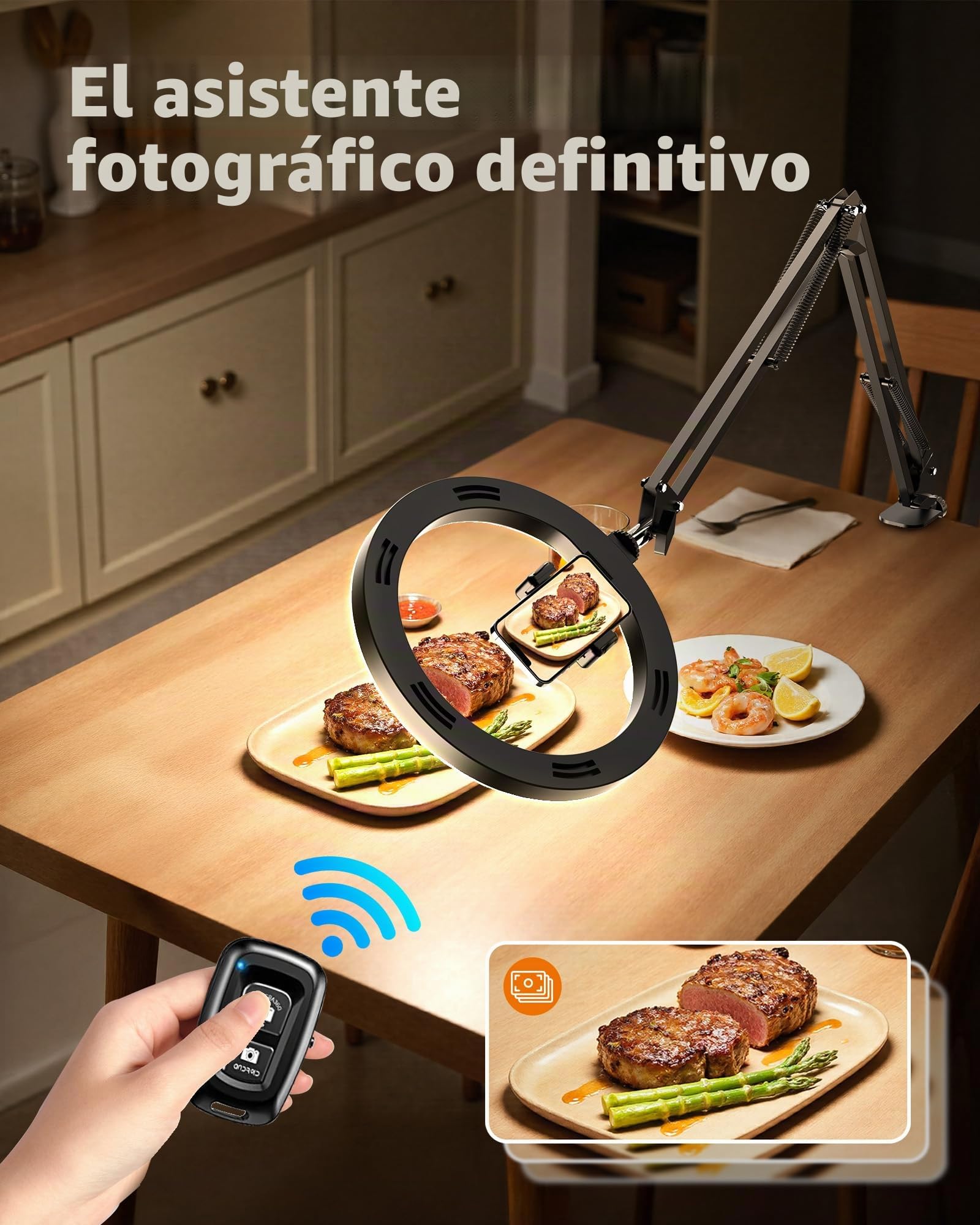 LUXSURE Aro de Luz con Tripode, Ring Light con Función Bluetooth, 10'' Anillo de Luz Aro de Luz con Brazo de Soporte Resistente y Soporte para Teléfono para Grabar Videos, Cocina, Transmisión en Vivo