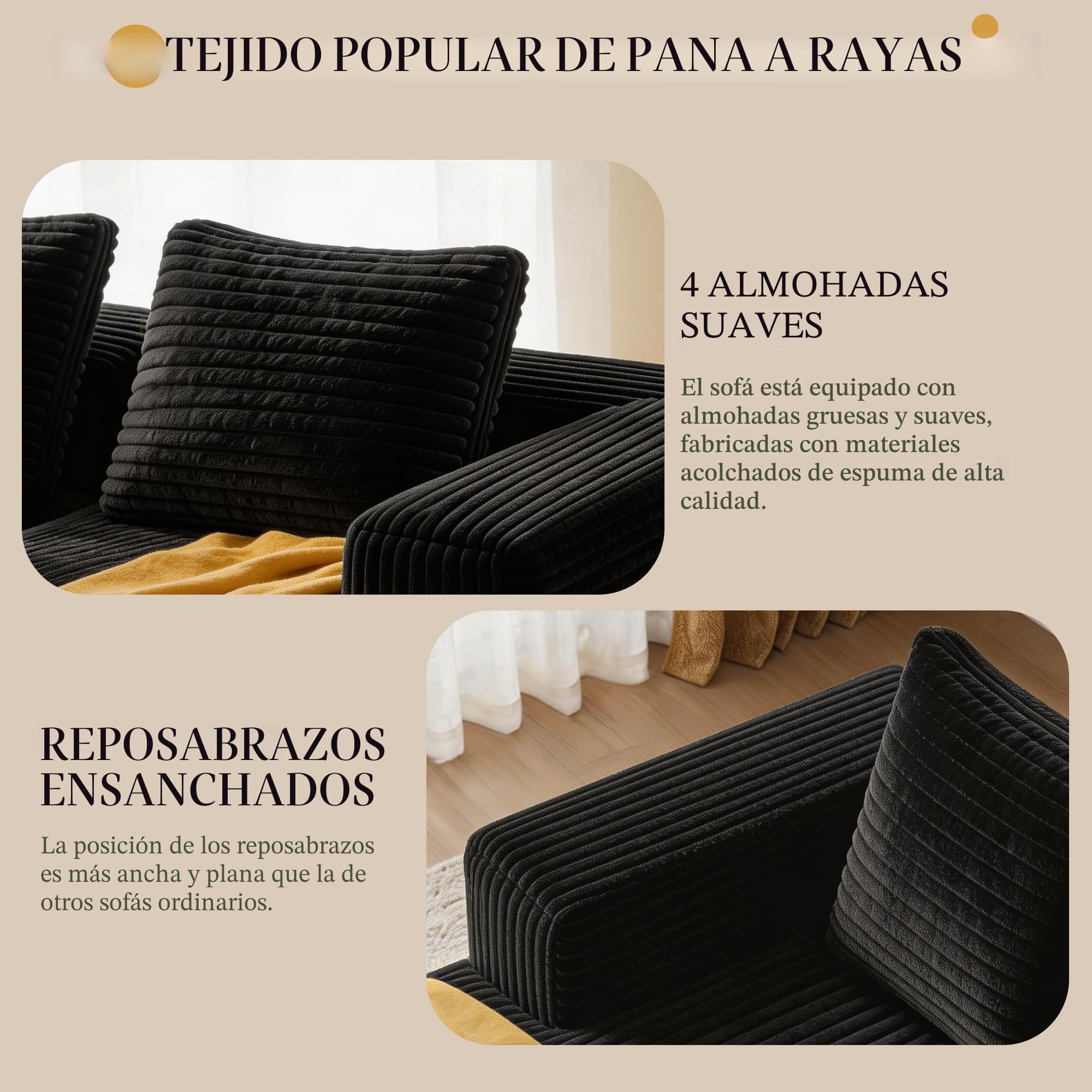 Sofá esquinero en forma de L, sofá de 4 plazas con meridiana y 4 cojines, sofá de pana, sin montaje, para salón y apartamento (Negro)