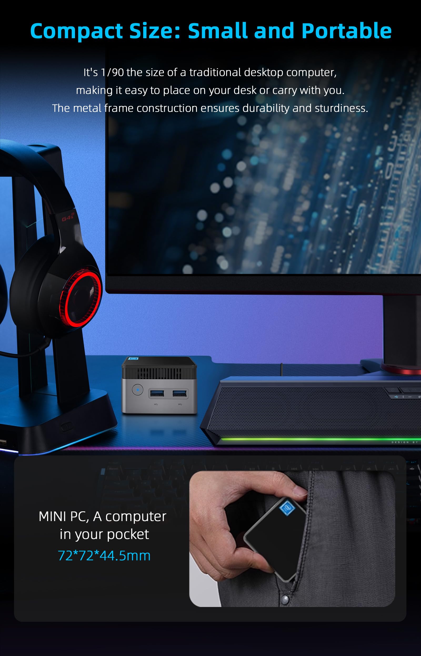 WayPonDEV BY53 Mini PC, Intel N150 CPU, 12 GB LPDDR5 M.2 NVME SSD, HDMI 2.0 y USB-C DP(4K Dual Display), Wi-Fi 5/BT 5.0, ordenador de escritorio compacto para oficina, oficina en casa y