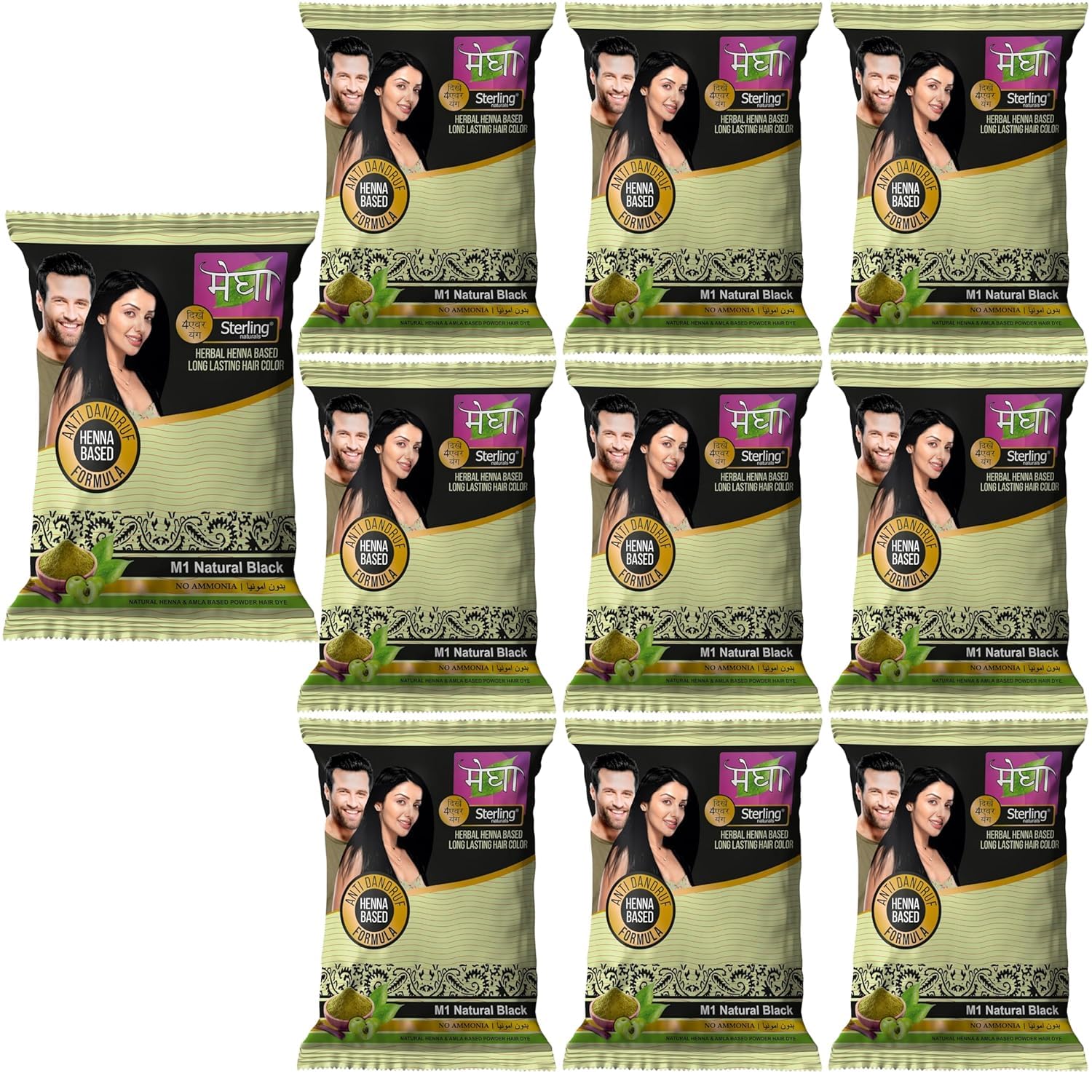 Sterling Naturals Megha Mehandi Hair Colour for Women & Men, Henna Based Mehndi, Organic Hair Dye Without Chemicals and Ammonia, Black, 10 g (Pack of 10)