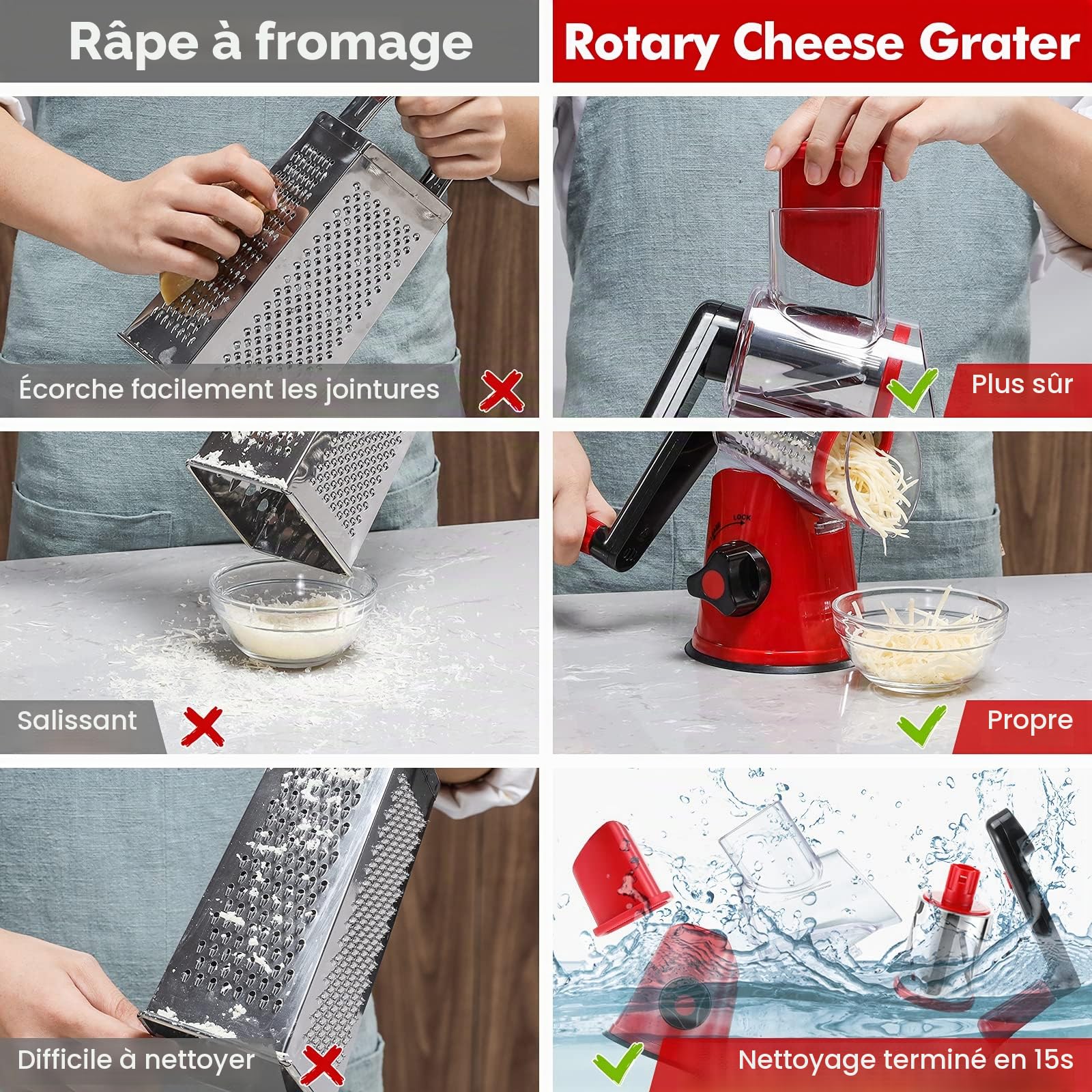 GDL Râpe à Fromage Rotative, Rapeuse Legume Fromage Manuelle, 3 Lames | Facile à Utiliser et Nettoyer, Acier inoxydable 430, Rapide et Facile, Lave-vaisselle, Adaptée aux Fromage, Légumes