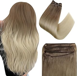 Easyouth Ombre Weft Hair Extensions 14 Inch 70g Sew in Hair Extensions Brown to Blonde Balayage Weft Human Hair Extensions Real Hair Weft
