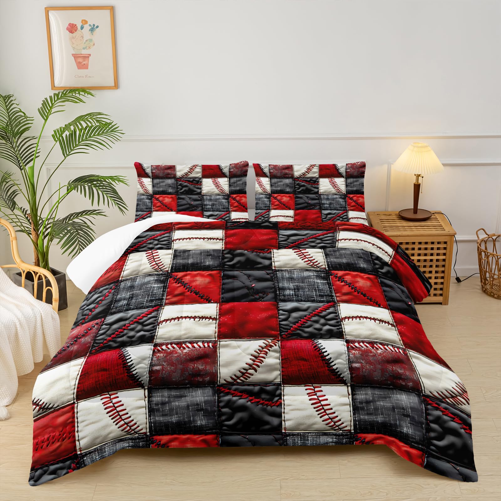 Red and Black Plaid Comforter Set King，Baseball Bedding Set King Red and Black，Sport Quilt for Boys，with 1 Comforter with 2 Pillow Case