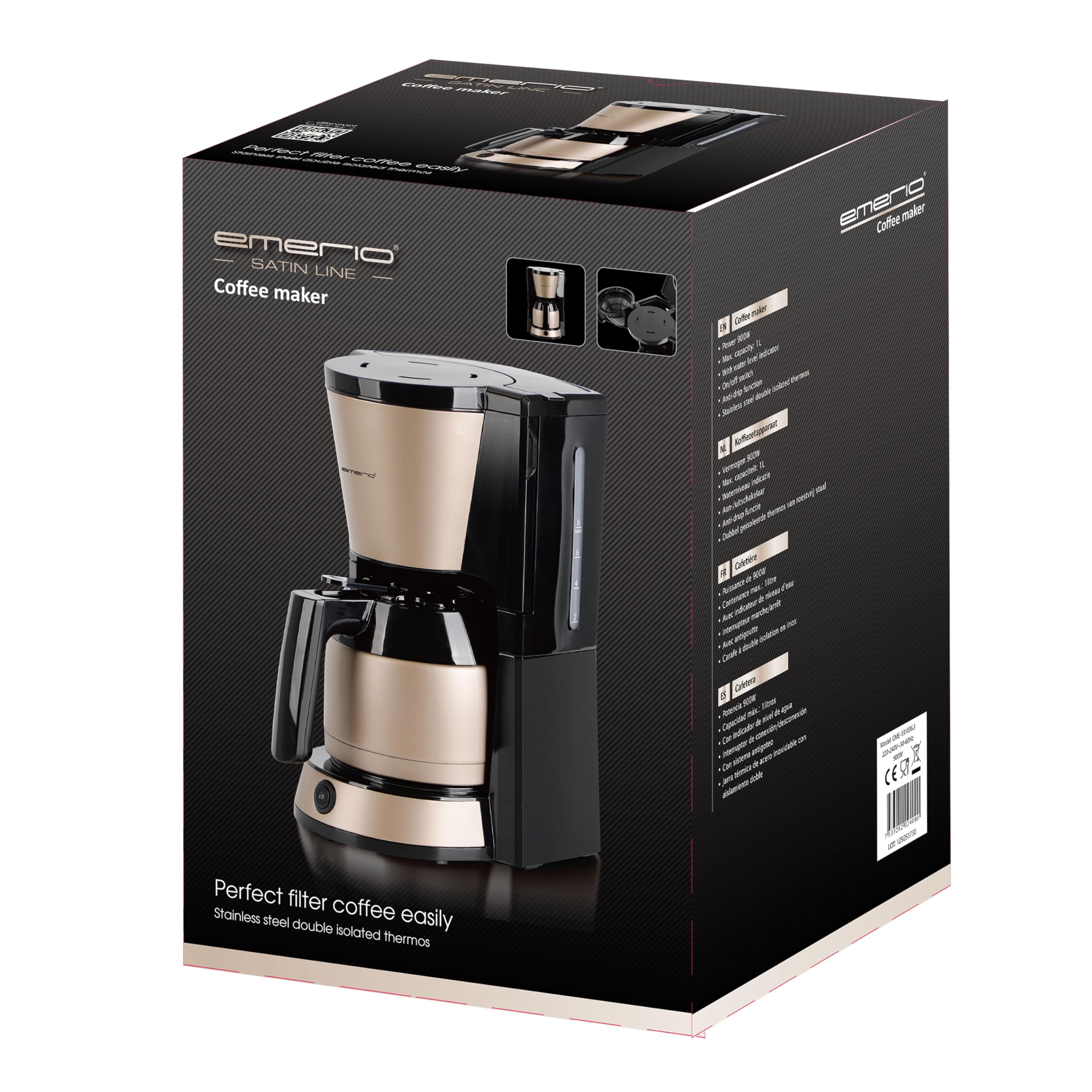 EMERIO Filterkaffeemaschine mit 1L Thermokanne (Edelstahl) | max. 8 Tassen pro Durchgang | Schwenkfilter | Tropf-Stopp | inkl. Dauerfilter | automatische Abschaltung | 900 W | CME-131036.3
