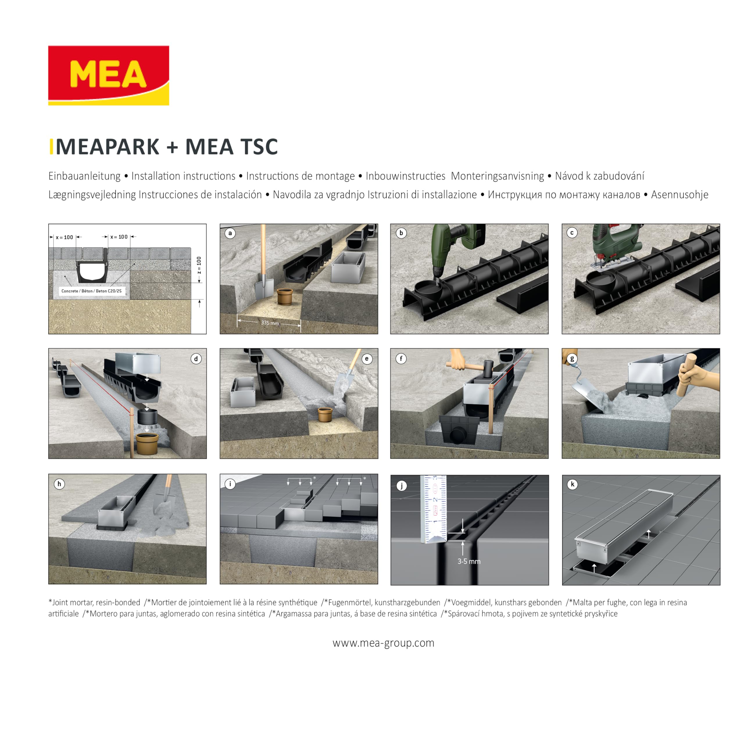 MEA Pack de 9 Caniveaux Extérieurs MEAPARK – Grille à Fente en PP Recyclé + Profil E-Blade R en INOX – Drainage Terrasse, Piscine, Jardin – Classe A15 Piéton – Largeur utile 10 cm