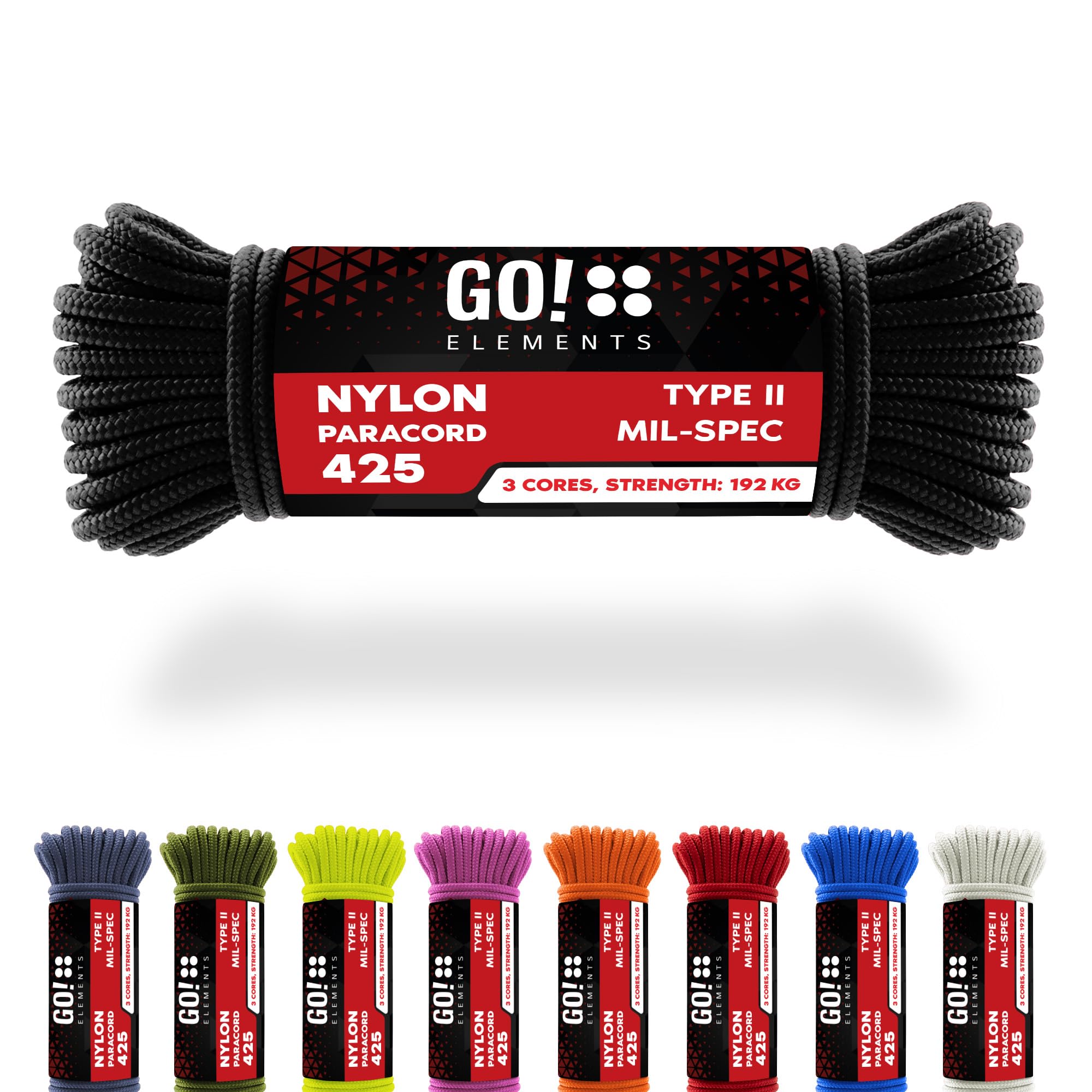 Paracord 425 Typ II | ø 3mm - 9 Kerne - max. 192 kg | 100% Nylonschnur, Allzweckseil - reißfest | Nylonseil, Armband, Hundeleine, Survival & Outdoor Seil