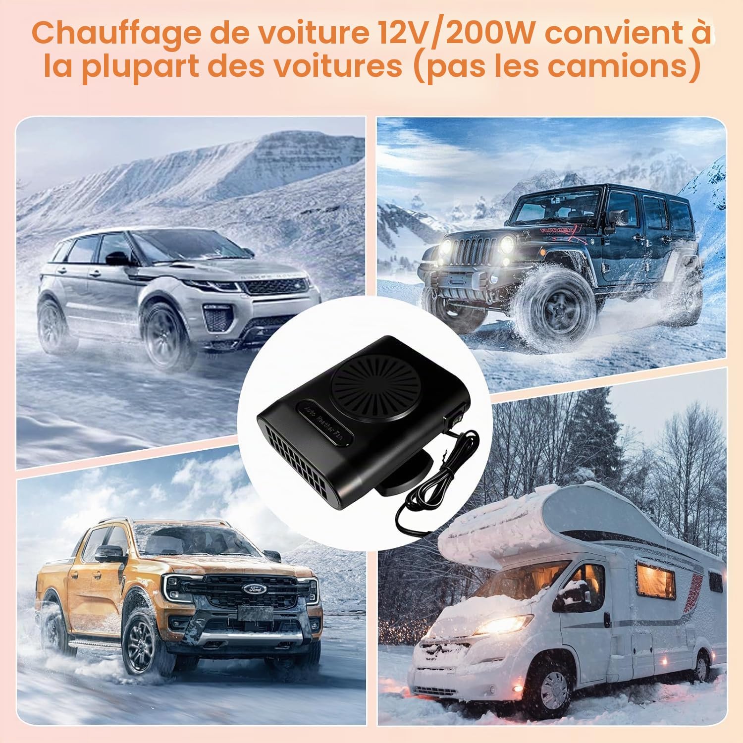Chauffage de Voiture, Portable 12V 200W pour l'hiver Anti-buée dégivreur, Chauffage Rapide, pour Pare-Brise Prise dans l'allume-Cigare de la Voiture