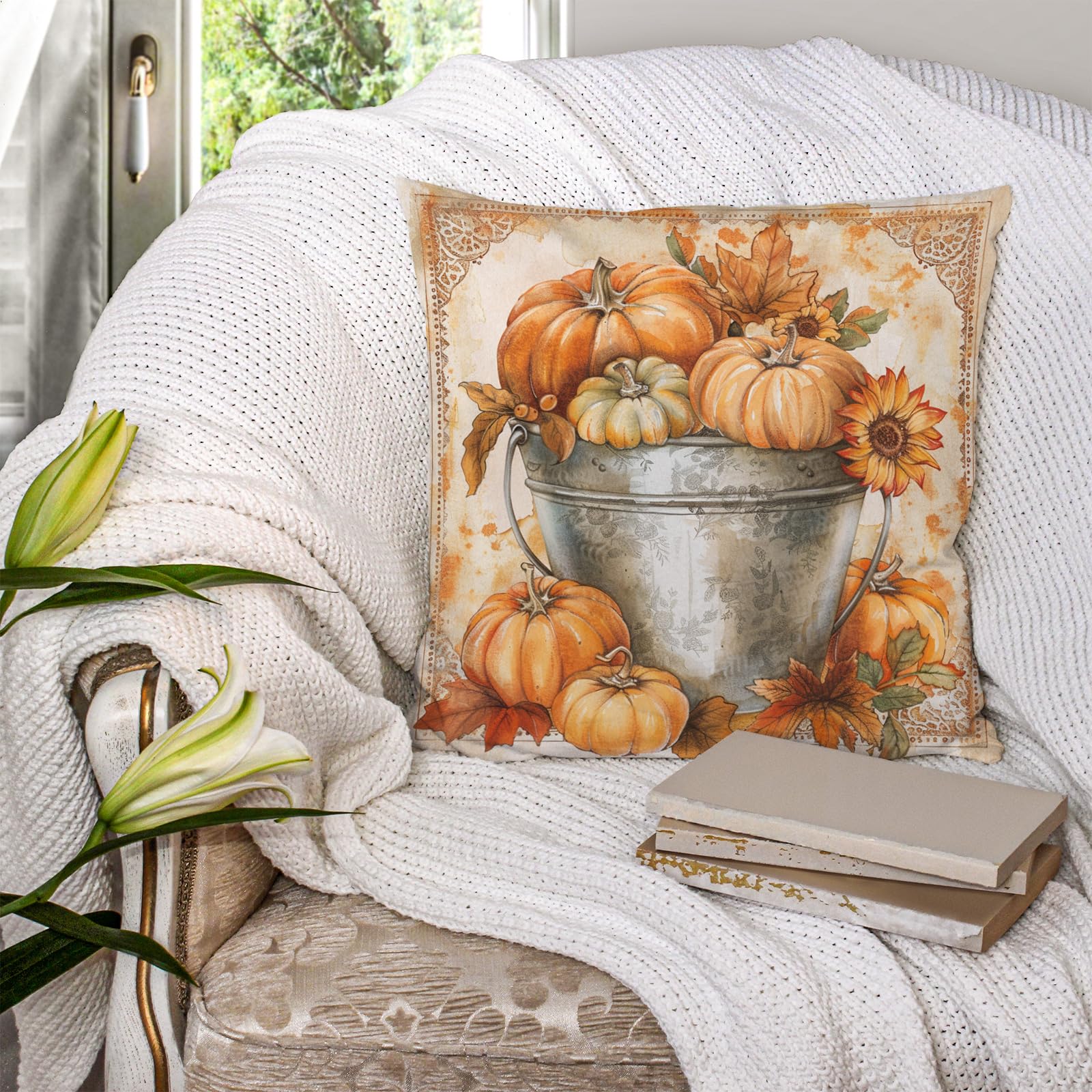 Fall Pumpkin Throw Pillow Covers, Set Of 2, 20x20 Inch - Orange Pumpkins & Eucalyptus Leaves 8 thumbnail image