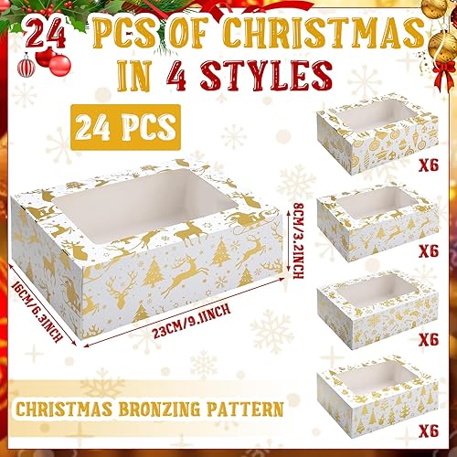 Miniatura 2 de Honoson 24 cajas de galletas de Navidad con ventana de 9 x 6.3 x 3.2 pulgadas, cajas de panadería blancas de papel de aluminio dorado con copos de