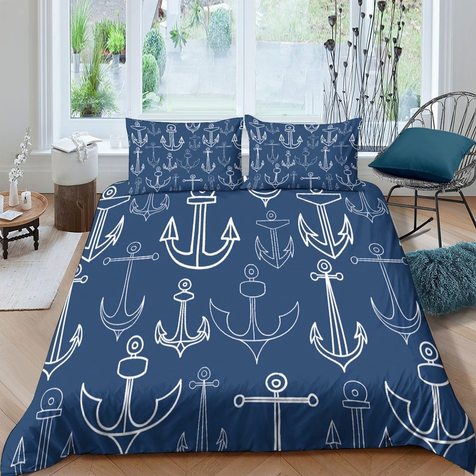 Ctjqhvkz Style-1 3D Printed Nautical Anchor Fitted Sheet Microfiber Navy Blue Marine Bed Cover Non Slip Washable For Bedroom Living Room Single（135X200cm）