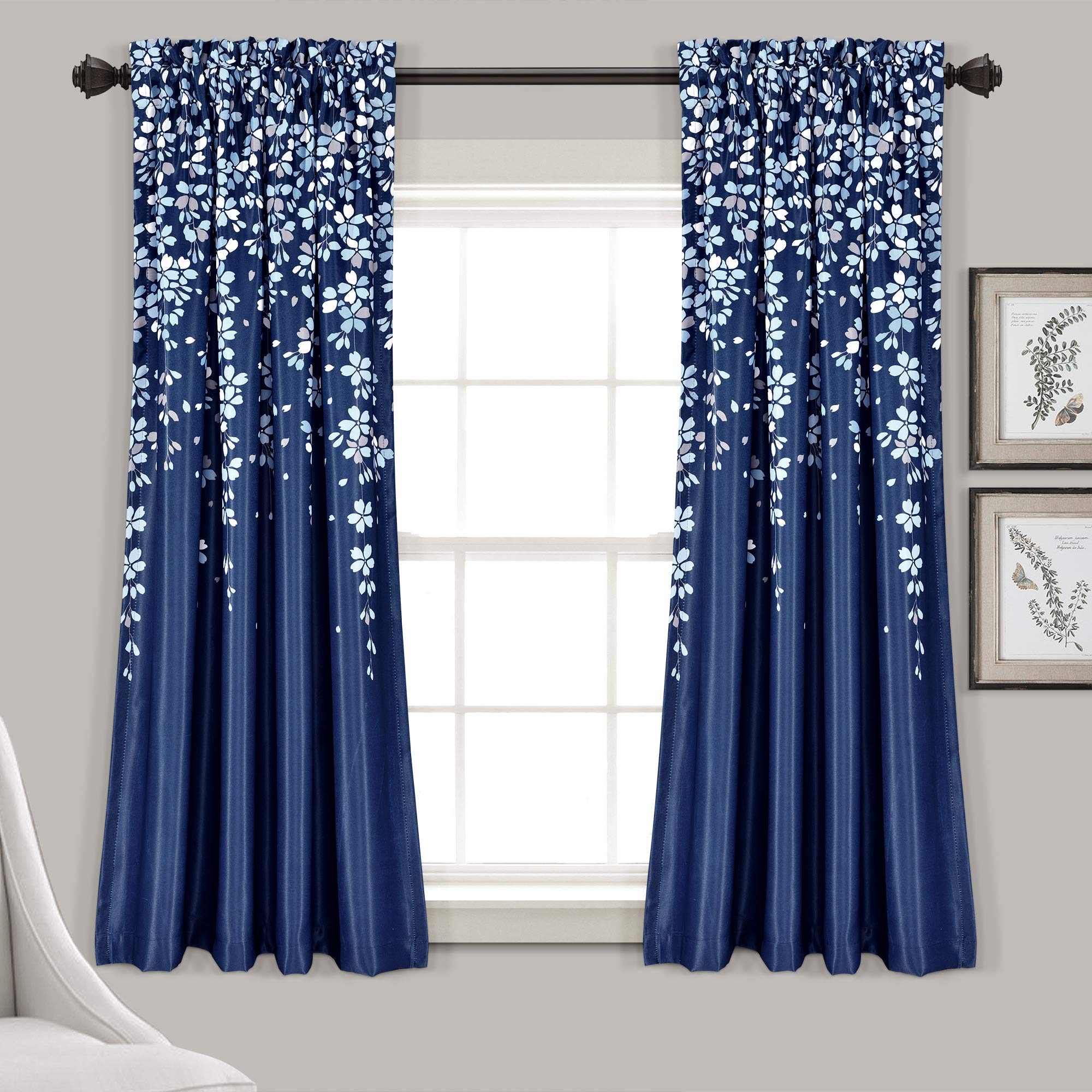 Lush Decor Weeping Flower Light Filtering Window Curtain Panels, Pair, 52" W x 63" L + 2" Header, Navy - Charming Modern Floral Curtains for Living Room, Dining Room, & Bedroom