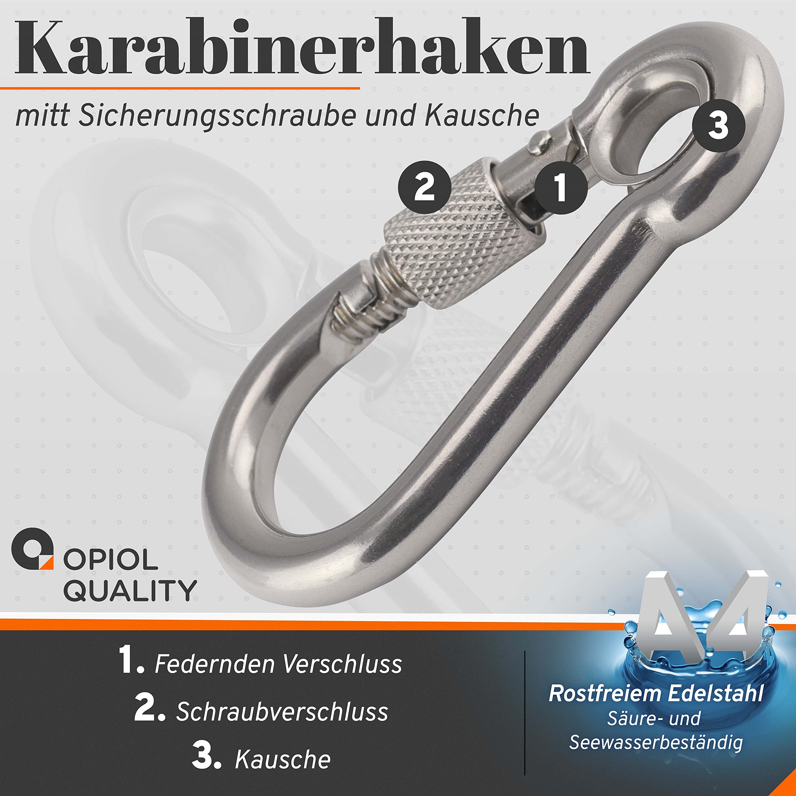 Karabinerhaken mit Schraubverschluss und Kausche 10x100 mm aus Edelstahl A4 V4A (5 Stück) Feuerwehr Haken Sicherungsschraube Verschlusskarabiner