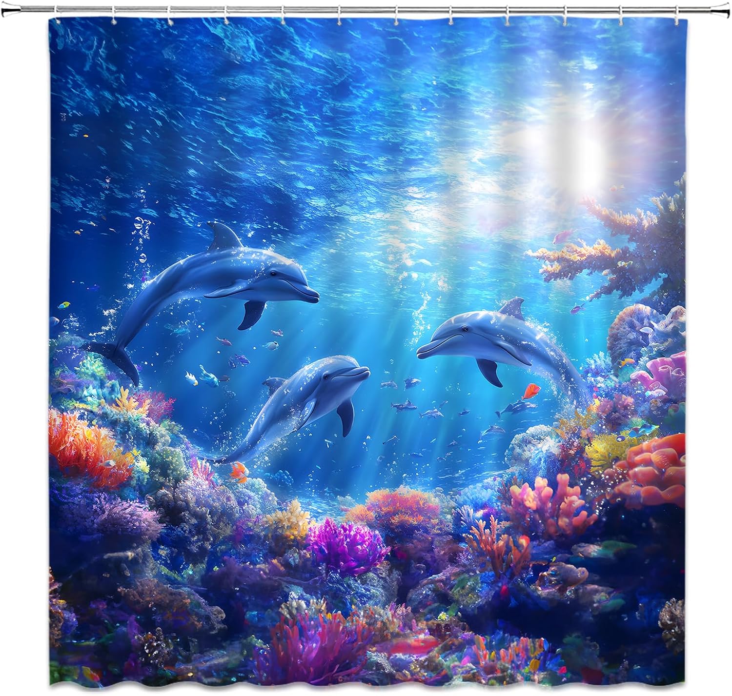 Dolphin Shower Curtain Sea Animals Underwater World Fish Coral Ocean Nautical Fabric Bathroom Decor Set with Hooks(70" Wx70 H)