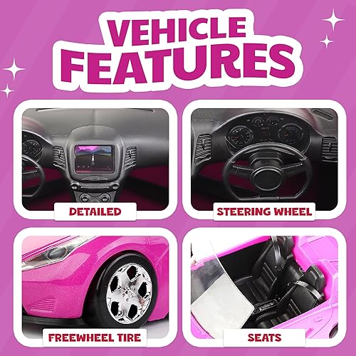 Miniatura 4 de Liberty Imports Coche convertible de tamaño muñeca para muñecas  Vehículo rosa de 2 plazas con ruedas rodantes, cinturones de seguridad con dos