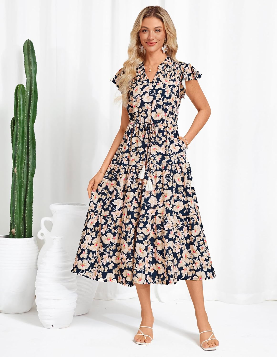 GRACE KARIN Womens Summer Floral Midi Dresses Short Sleeve Beach Wedding Guest Dress Drawstring Long Flowy Dress with Pockets